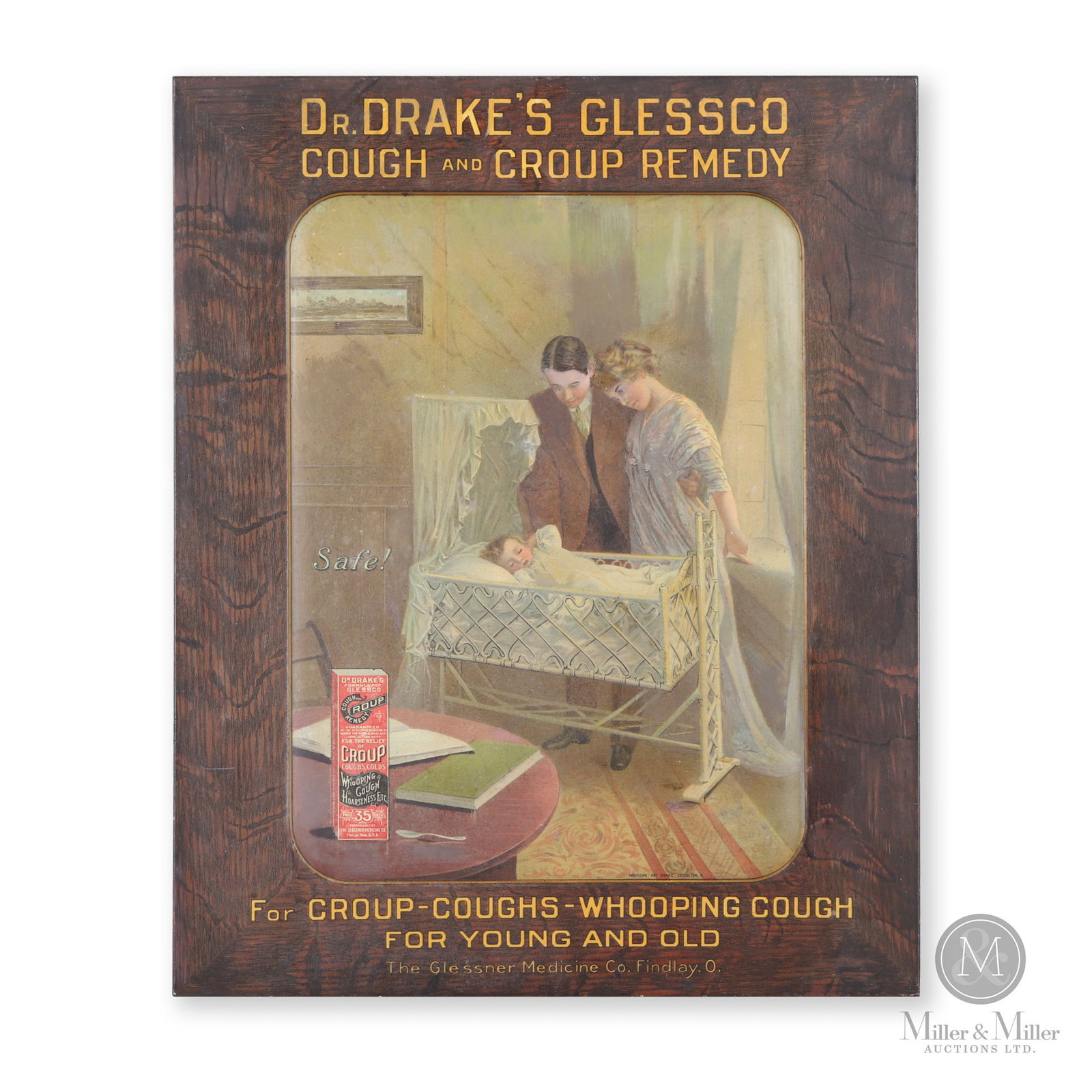 Dr. Drake's Glessco Cough & Croup Remedy Sign: American. 1910s. Single-sided tin (SST) over cardboard. The Glessner Medicine Co. Findlay, O. Marked, "American Art Works., Coshocton, O. (Ohio)", lower right of elevated image. 14" x 11.5".