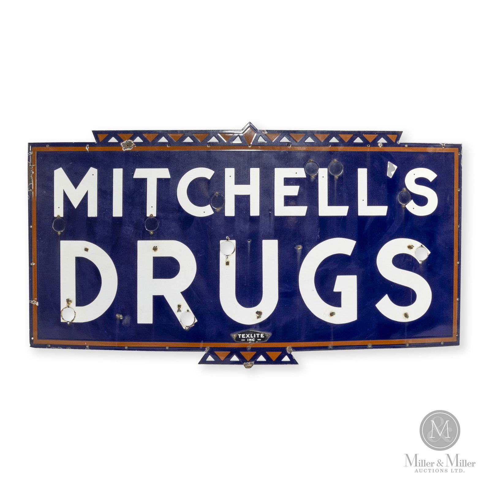 Mitchell's Drugs Neon Sign Panel: American. 1940s. Single-sided porcelain (SSP). The "Texlite Inc" tag is an applied single sided porcelain (SSP) badge of its own. The Texlite company was based in Dallas, Texas and was considered to b