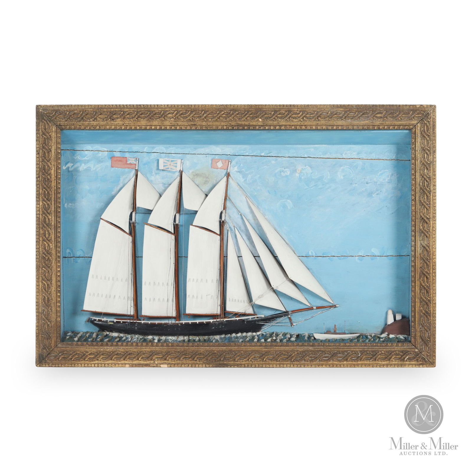 Ship Diorama: A 19th century Nova Scotia diorama of a fishing schooner with a lighthouse on the shore and a small steam powered vessel off the bow. Original paint and wooden sails. Good condition, minor paint touch
