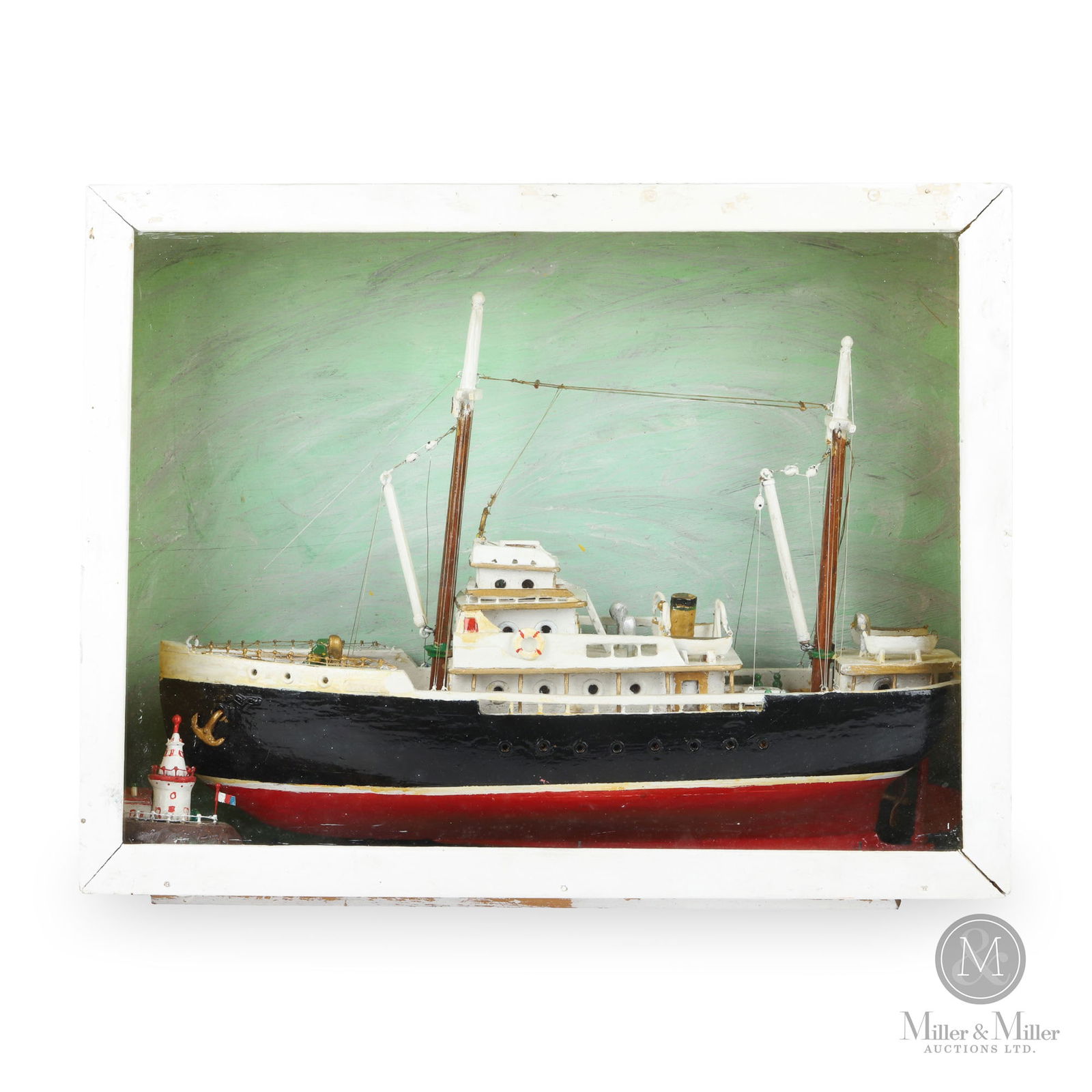 Fishing Boat and Lighthouse Diorama: A naive small diorama of a fishing boat off a small island with a lighthouse and a variation of the French flag -- probably the island of St-Pierre et Miquelon, a French territory in the Gulf of St. L