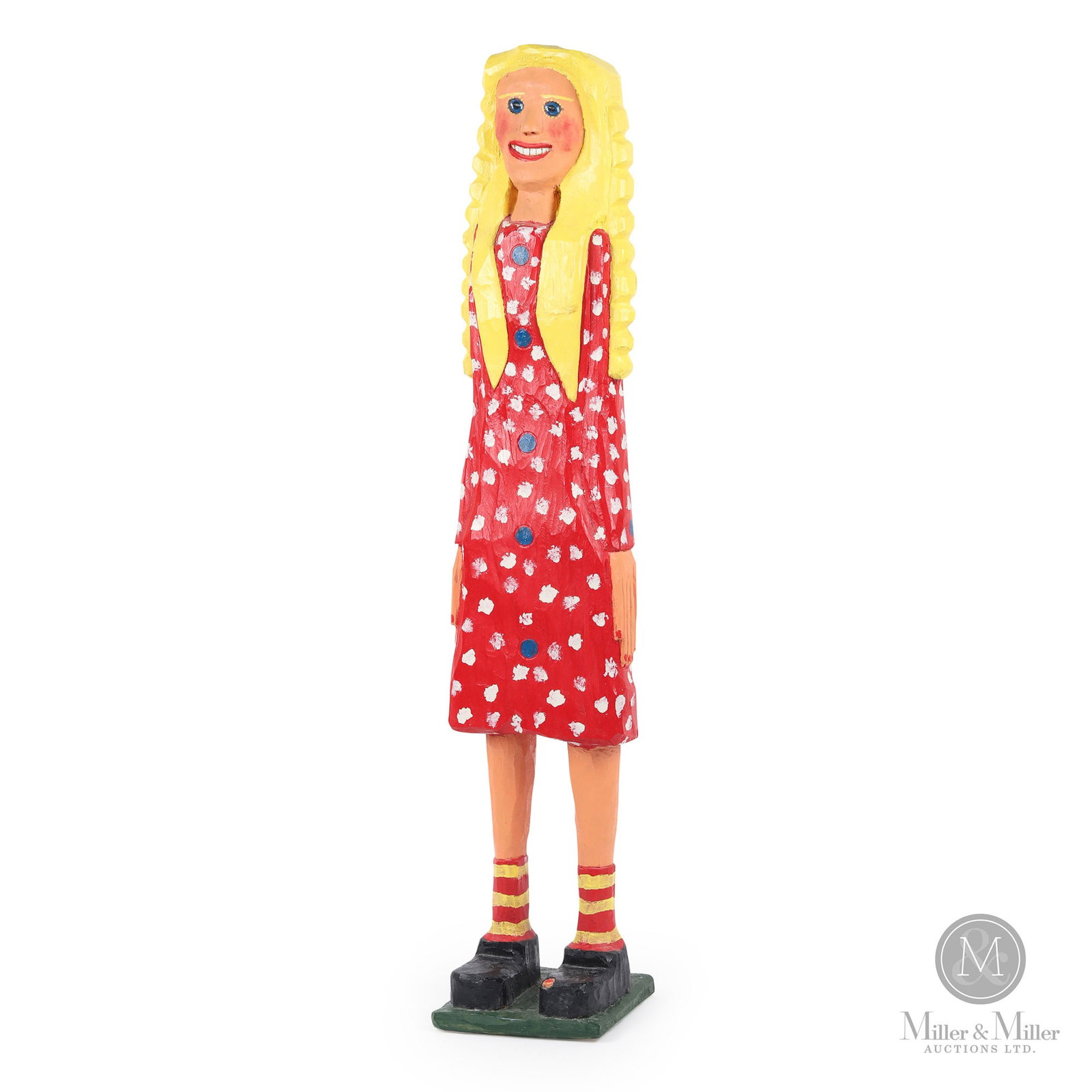 Goldilocks by Bradford Naugler: Camperdown, Nova Scotia. 2006. Carved and painted wood with glass eyes. Well-known and documented Nova Scotia folk artist Bradford Naugler created this charming "Goldilocks" with a bright smile and co