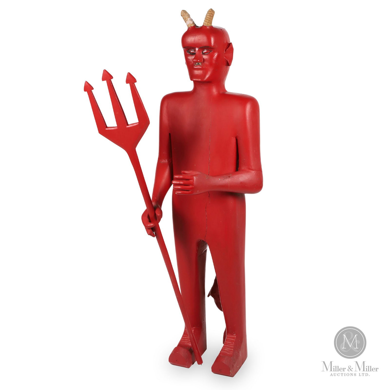 Devil with Fork by Bubby Mooers: Milton, Nova Scotia. Last quarter 20th century. Carved and painted wood. Speak of the devil and he shall appear, and here he is in all his Satanic Majesty. A strong presence in any room. This was disp