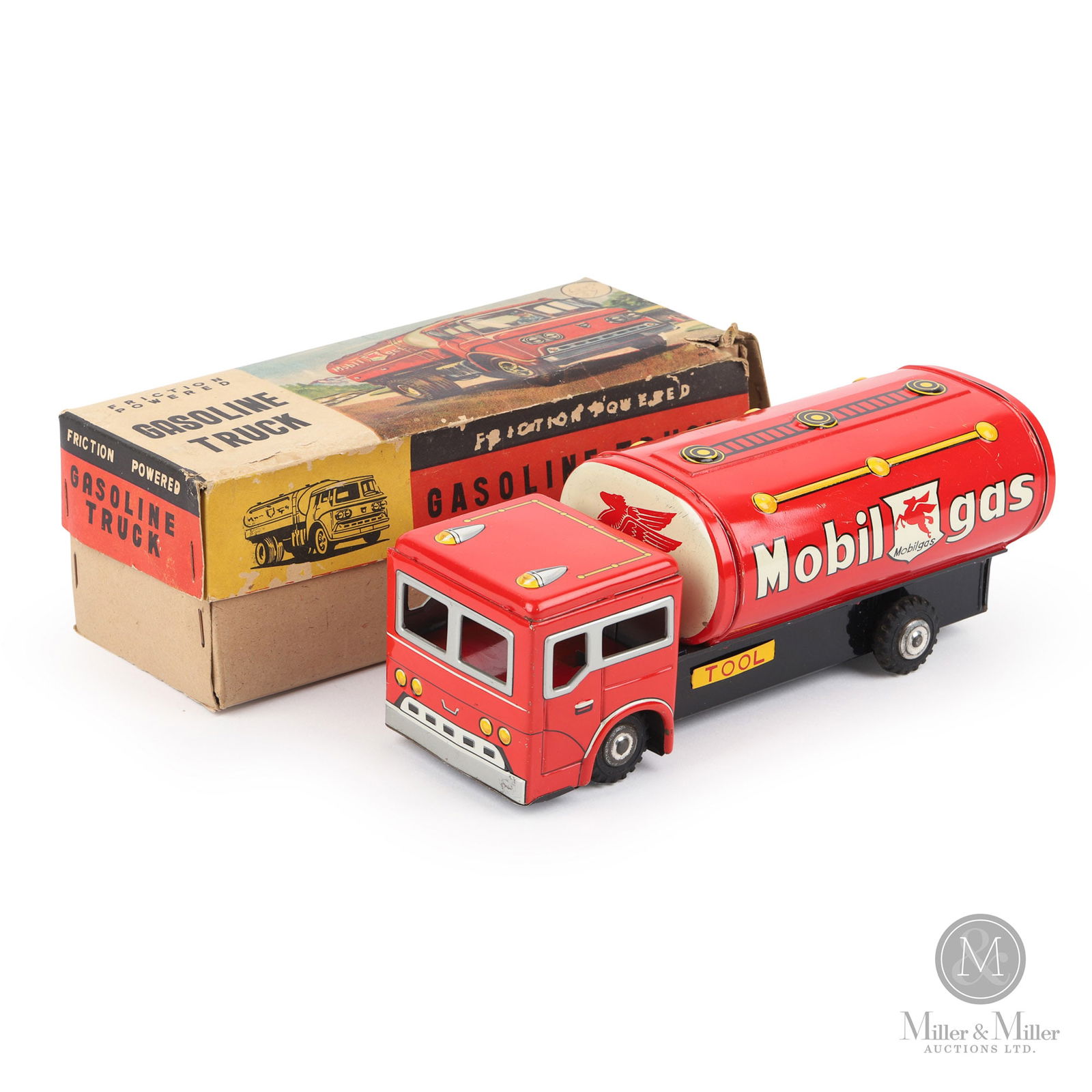 Plaything Mobilgas Tanker Truck With Original Box: Japanese. 1950s. An exceptional example of a toy that advertised Mobil Gas and the magnificent red Pegasus advertising logo. While little is known about the "Plaything" company, the toy is representat