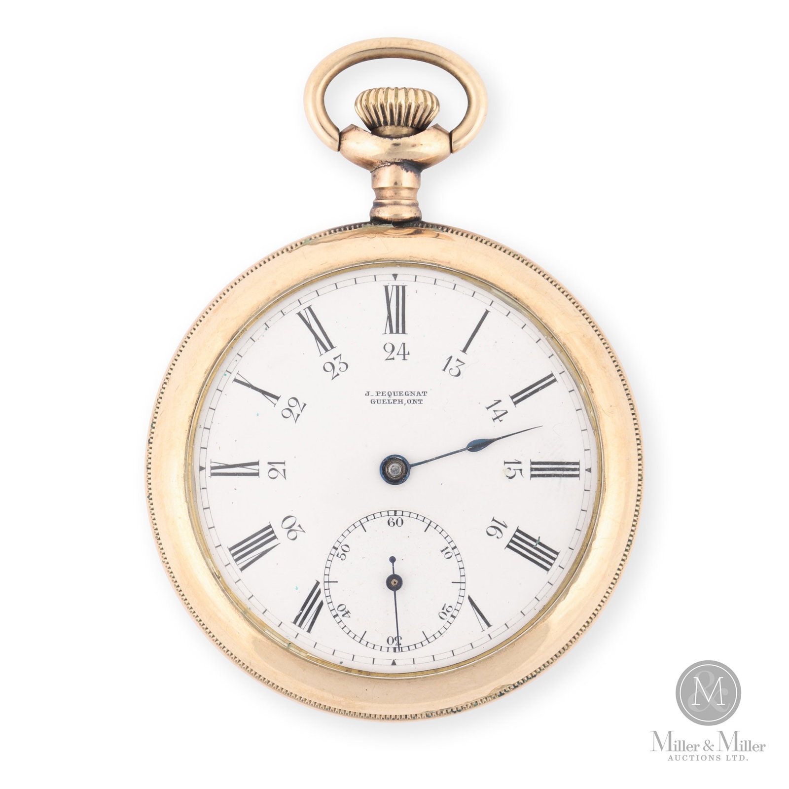 Joseph Pequegnat, Guelph Pocket Watch: Swiss. 1920s. Gold filled case. Movement and dial Swiss-made and custom-ordered for Joseph Pequegnat's jewellery store in Guelph, Ontario. Stamped, "Mira Registered Gold Filled", on inner caseback. Si