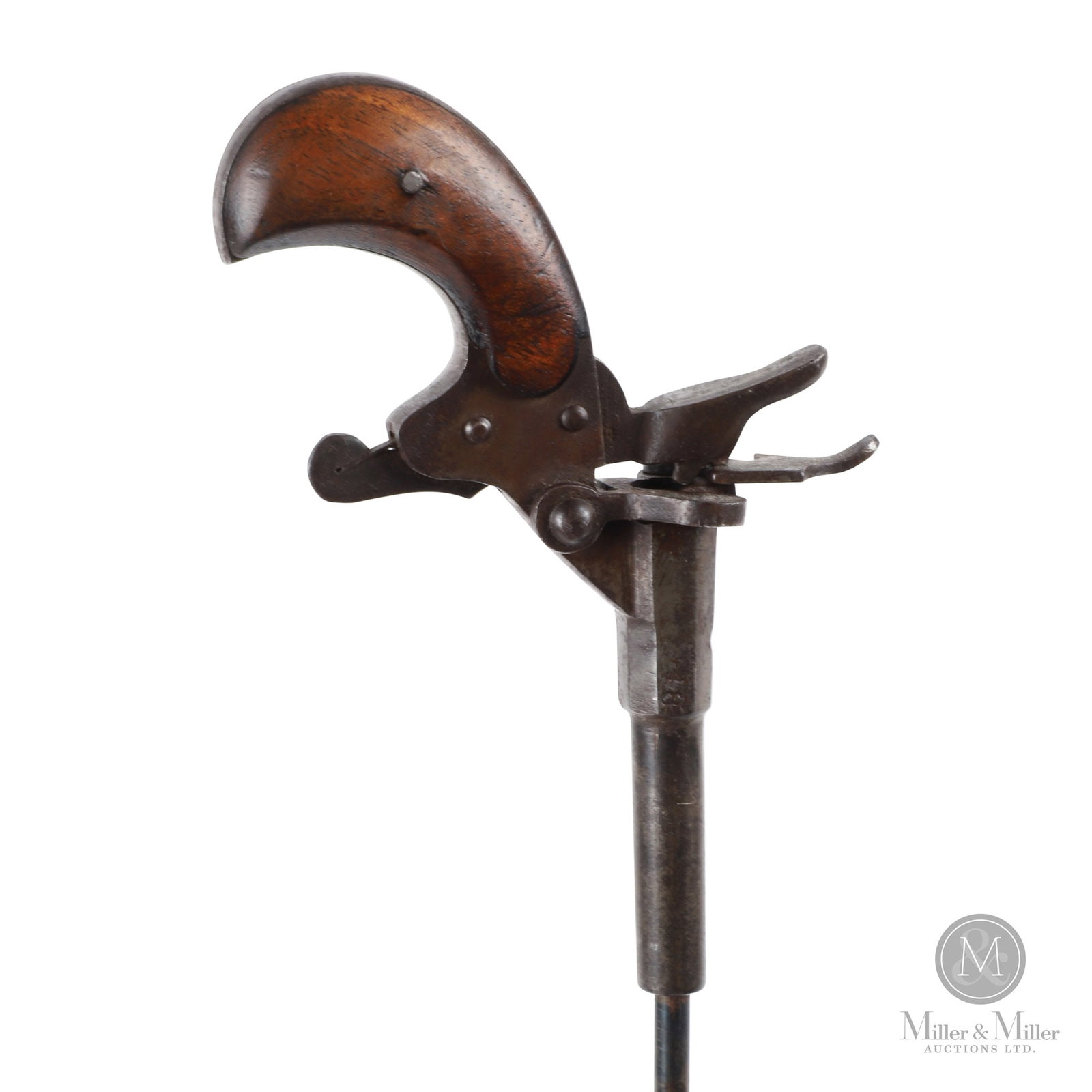 Miniature Mechanical Swagger Stick Pistol: American or British. 19th century. Steel, wood. Single-shot miniature swagger stick pistol. With octagonal chamber and walnut grips. Marked, "FORE'GN", on both sides of the barrel. 2.25" x 18.5" x 1".
