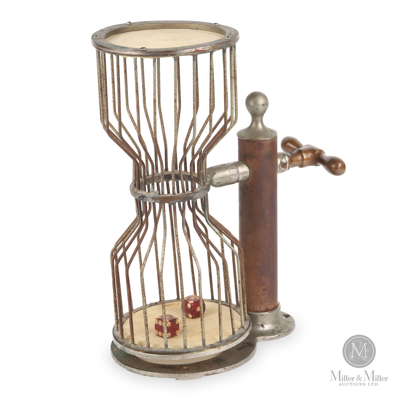 Antique "Chuck-A-Luck" Dice Cage Game: American. C. 1940. Brass, animal skin. Stamped, underneath. 11.25" x 7" x 5". From the Phil Barnett Collection.