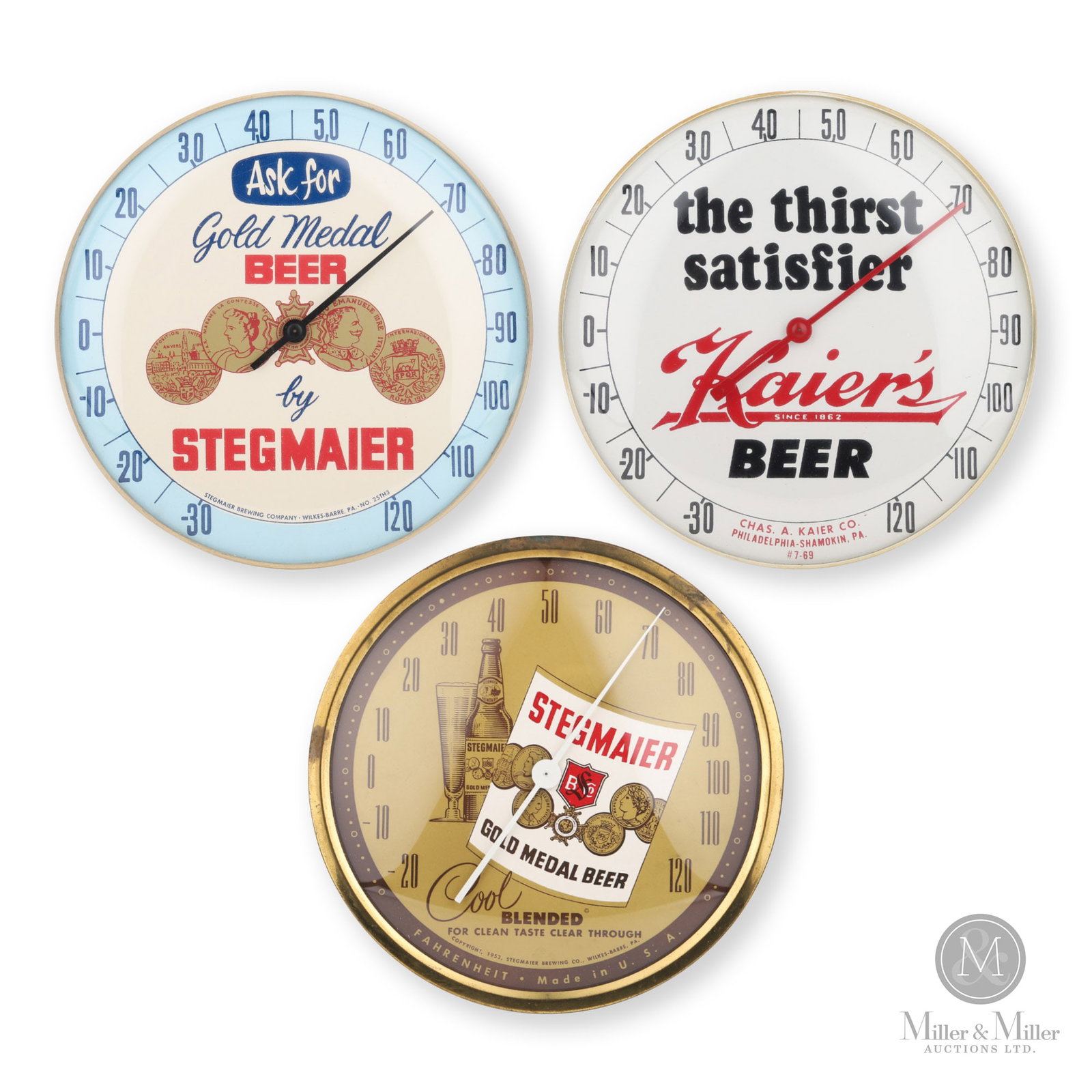 Stegmaier & Kaier's Beer Thermometers: American. 1960s. Lithographed tin dial. Metal case. Stegmaier marked, "Stegmaier brewing company, Wilkes-Barre PA", lower edge. Kaier's marked, "Chas A Kaier co, Philadelphia-Shamokin, PA", lower edge