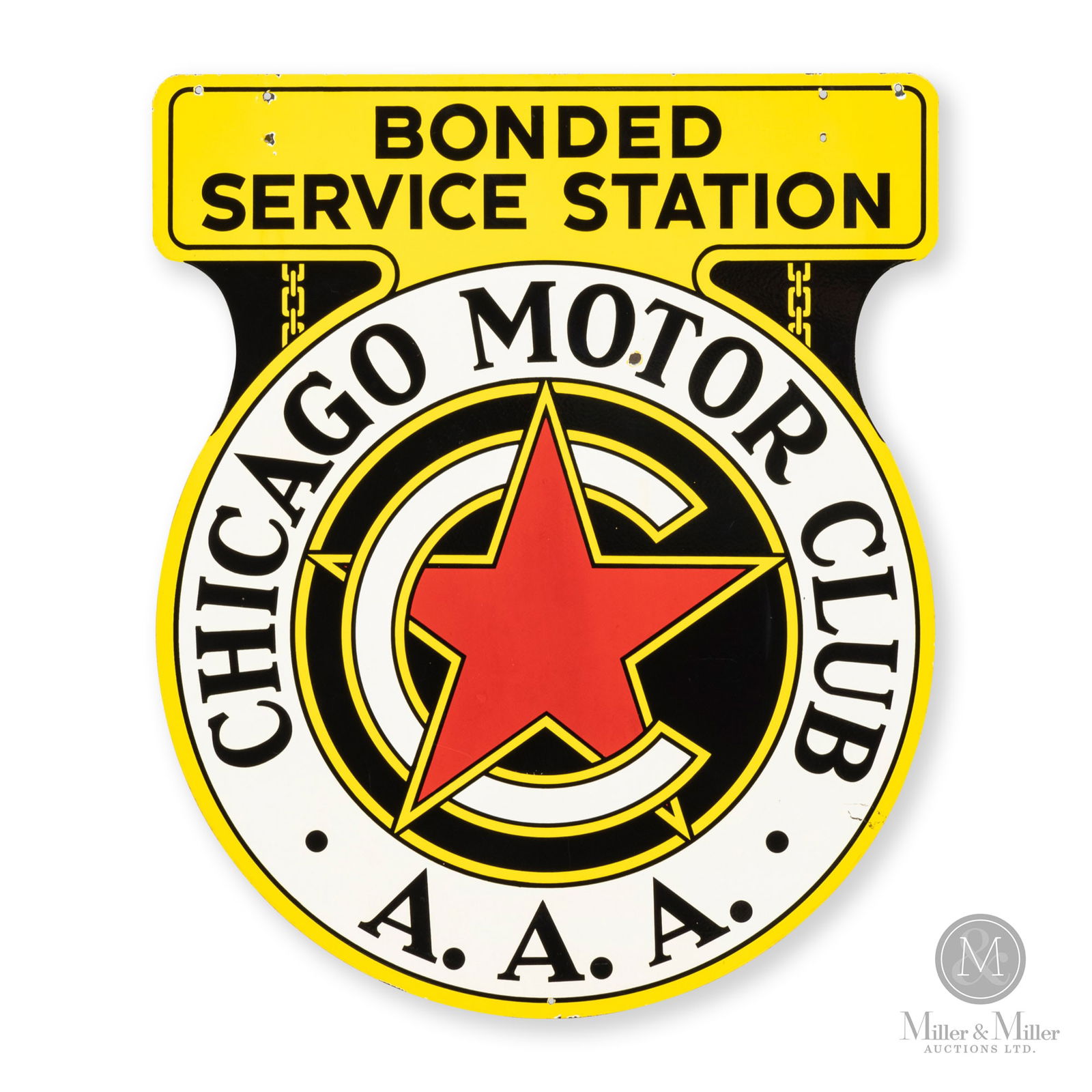 Chicago Motor Club Bonded Service Station Sign: American. 1940s. Double-sided porcelain (DSP). 43.75" x 36". Authenticated by The Authentication Company. (TAC #400029). All items are guaranteed authentic by Miller & Miller Auctions. All purchases a