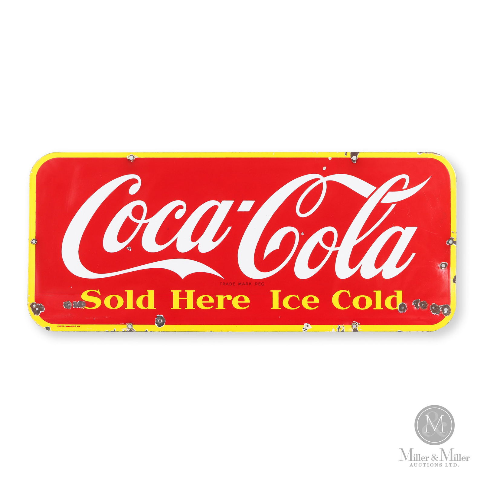 Coca-Cola 1948 "Door Kick" Sign: Canadian. 1948. Single-sided porcelain (SSP). Marked, "Made in Canada - 1948 - P&M", lower left. 12.25" x 29.25". Authenticated by The Authentication Company. (TAC #400013). All items are guaranteed a