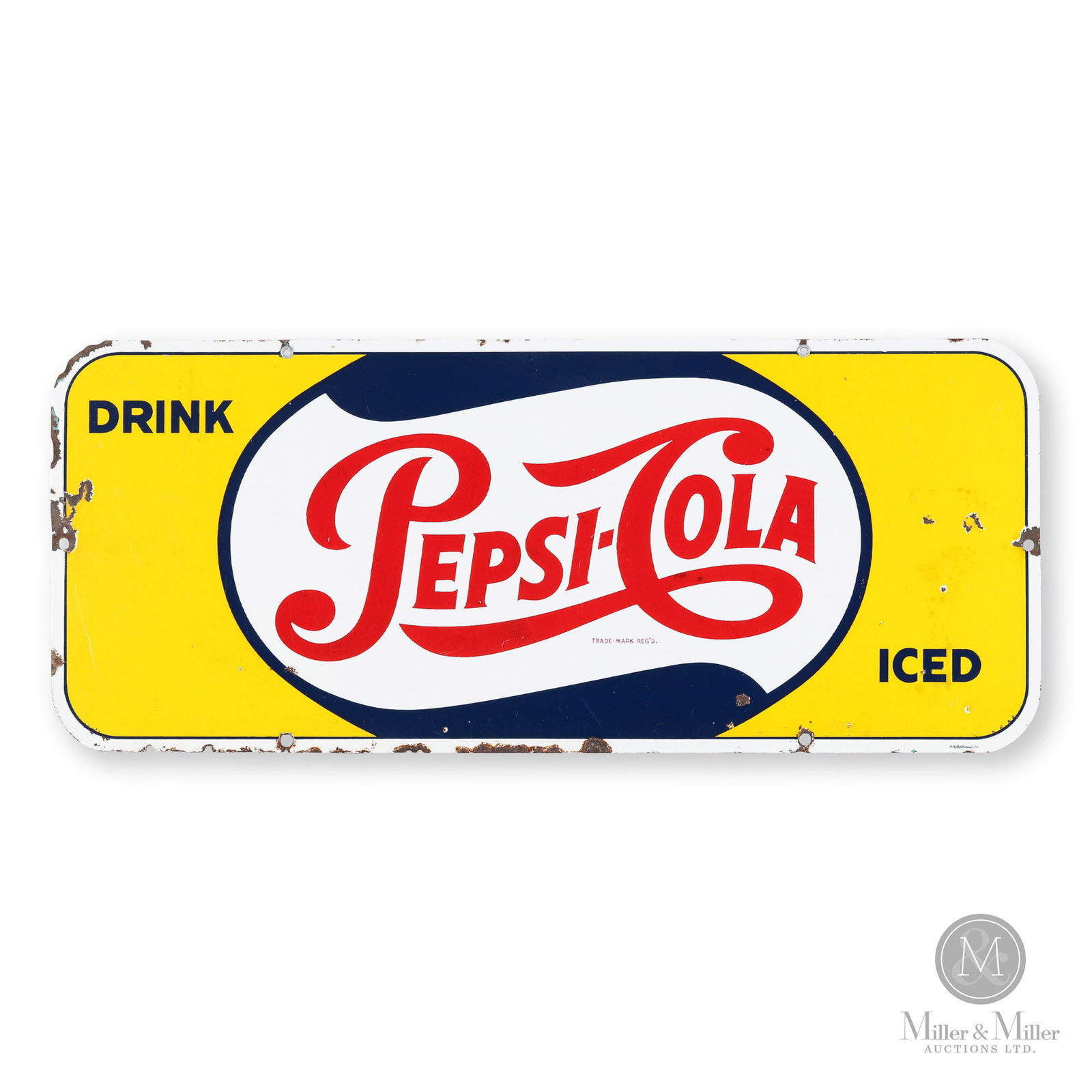 Pepsi-Cola 1955 "Door Kick" Sign: Canadian. 1955. Single-sided porcelain (SSP). Marked, "P&M Orillia 55", bottom right edge. 29.5" x 12". Authenticated by The Authentication Company. (TAC #400316). All items are guaranteed authentic b