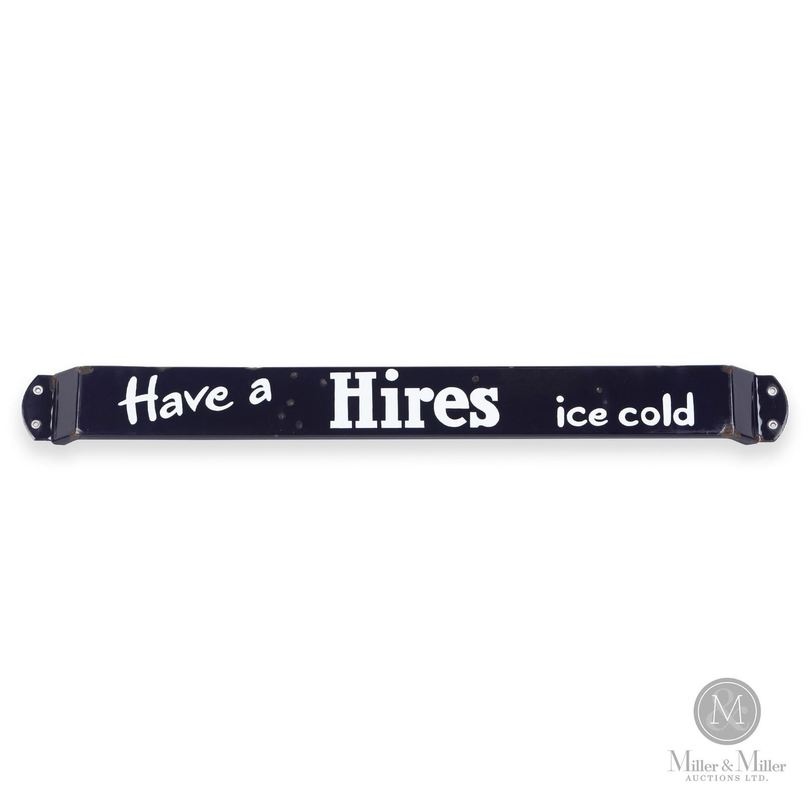 Hires Root Beer "Ice Cold" Door Push Bar: Canadian. 1940s. Single-sided porcelain (SSP). 3.25" x 31.25" x 1.25". Authenticated by The Authentication Company. (TAC #400077). All items are guaranteed authentic by Miller & Miller Auctions. All p