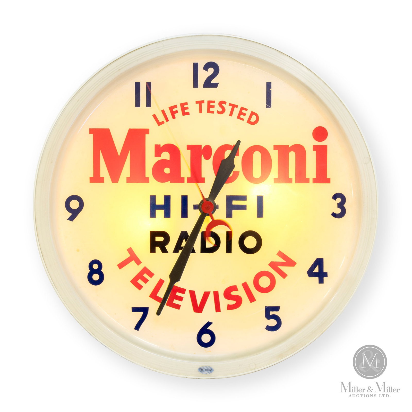 Marconi Hi-Fi Radio Television Lighted Clock: 1960s. Plastic clock with tin dial. Labelled, on reverse. 16" Dia. x 4". Authenticated by The Authentication Company. (TAC #500030). All items are guaranteed authentic by Miller & Miller Auctions. All