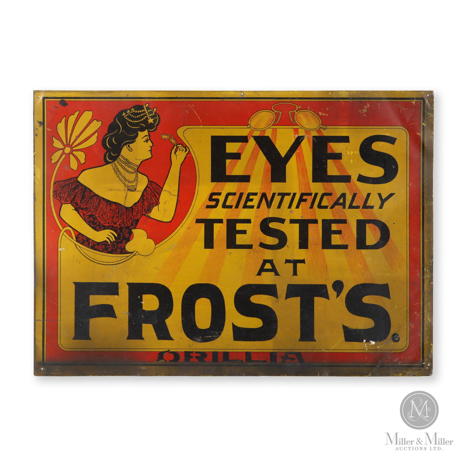 Frost's Optometrist, Orillia Sign: Canadian. 1920s. Single-sided tin (SST). Marked, "Joseph Price, Toronto", lower right. 20" x 28.25". Authenticated by The Authentication Company. (TAC #400137). All items are guaranteed authentic by M