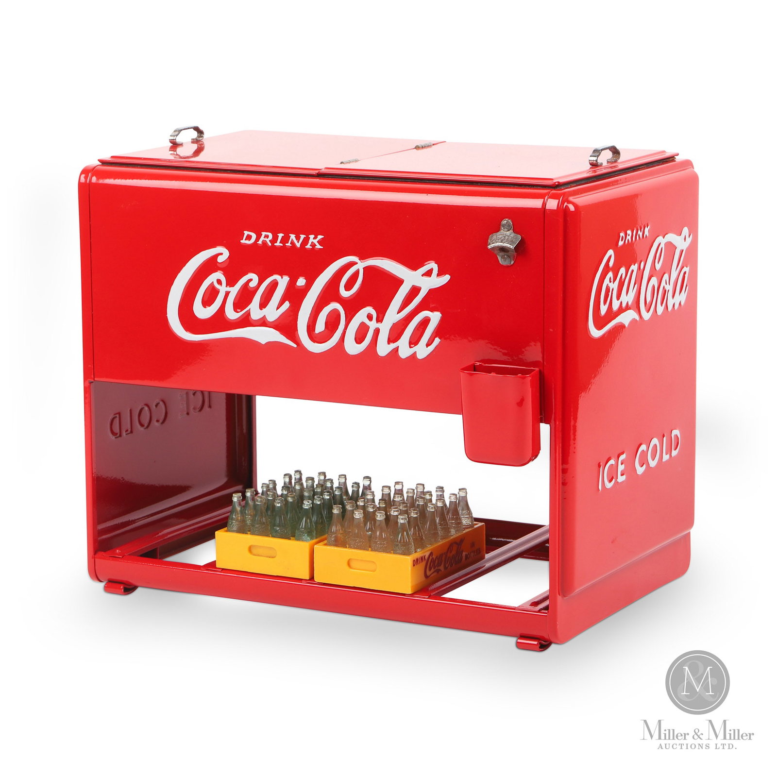 Coca-Cola 1939 Salesman Sample Cooler: American. 1939. Pressed steel. The 1939 Salesman Sample Cooler, was a 1/37 scale exact replica of the original full size Master Ice Cooler. 10" x 12" x 7.5". All items are guaranteed authentic by Mill