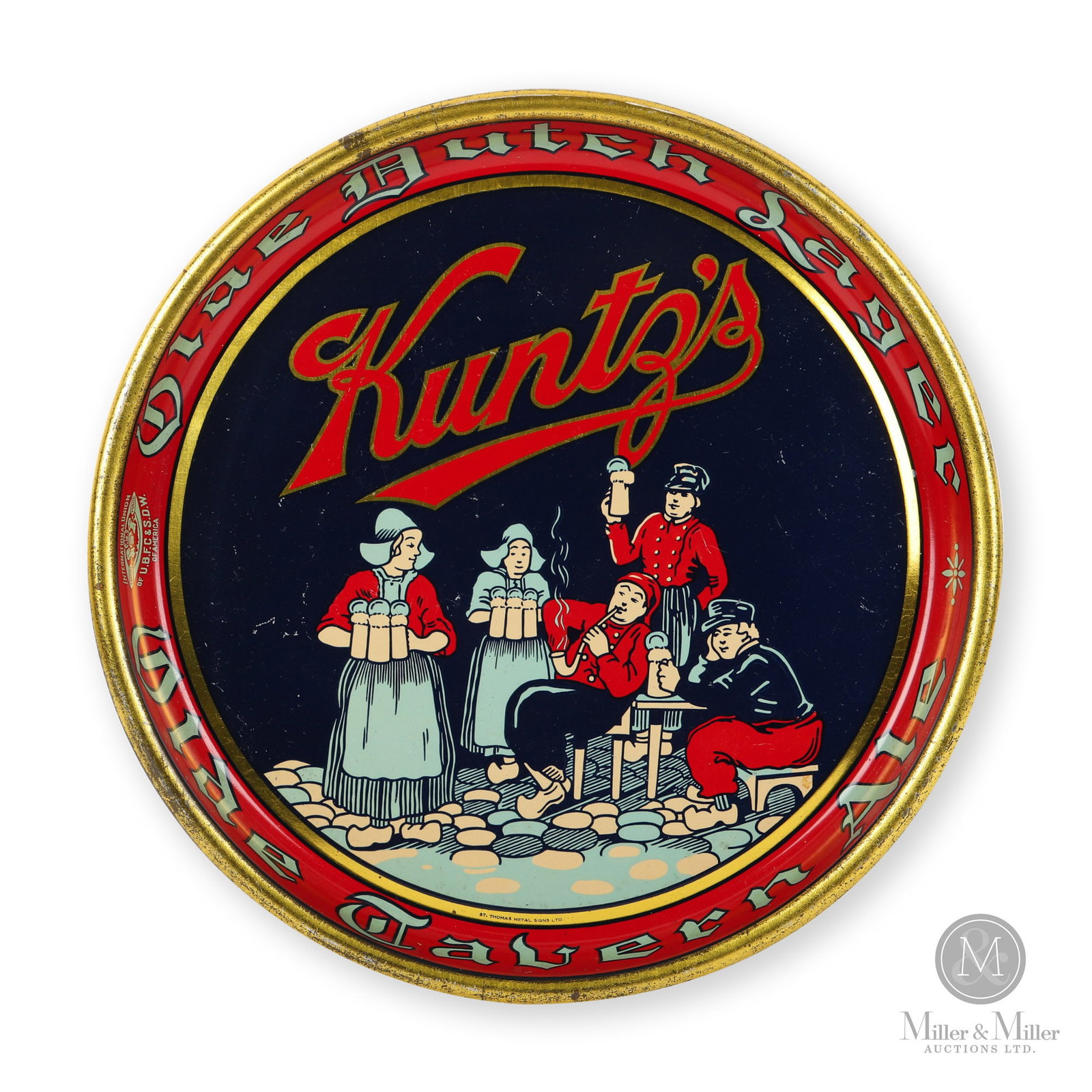 Kuntz Brewery "Olde Dutch Lager" Beer Tray: Waterloo, Ontario. 1930s. Lithographed tin. Marked, "St. Thomas Metal Signs Ltd", lower centre inside edge. 13" Dia. x 1.25". Authenticated by The Authentication Company. (TAC #400179). All items are 