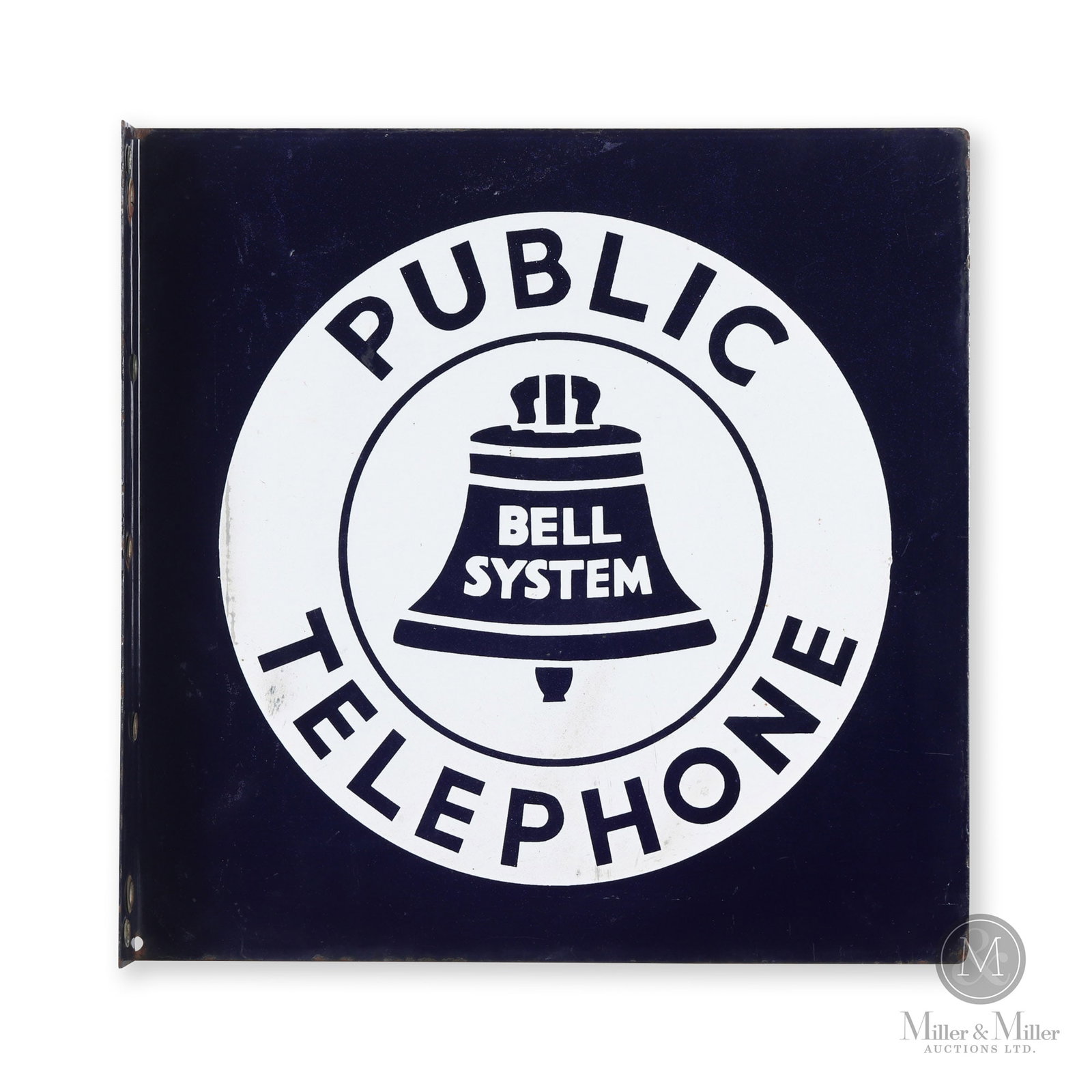Bell Public Telephone Flange Sign: American. 1950s. Double-sided porcelain (DSP). Marked, "#24", on back of flange. 18" x 18" x 2". Authenticated by The Authentication Company. (TAC #400117). All items are guaranteed authentic by Mille