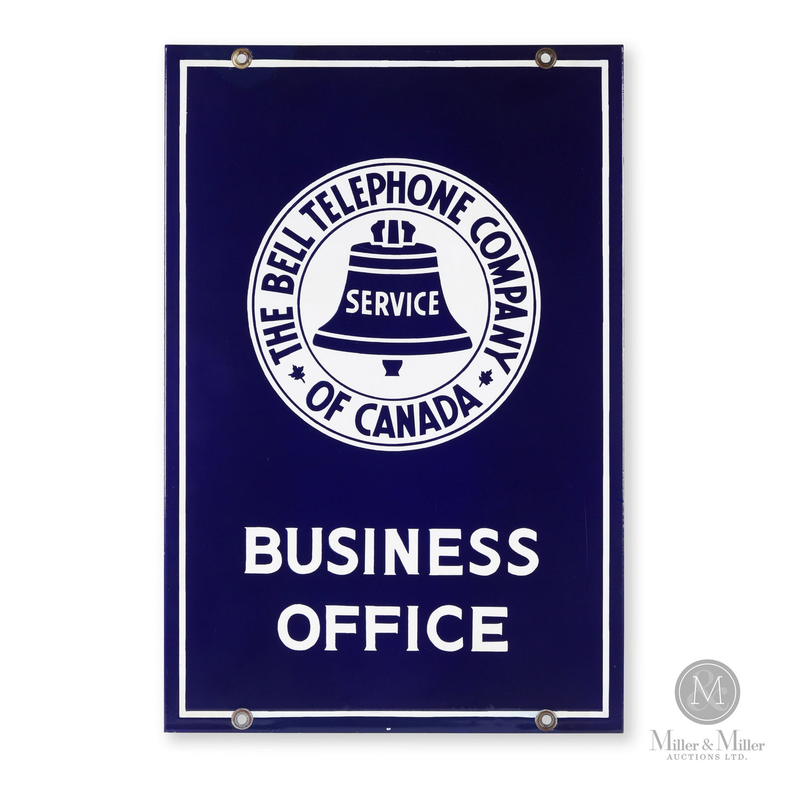Bell Telephone Co. Business Office Flange Sign: Canadian. 1940s. Double-sided porcelain (DSP). Blue face. 27" x 18". Authenticated by The Authentication Company. (TAC #400149). All items are guaranteed authentic by Miller & Miller Auctions. All pur
