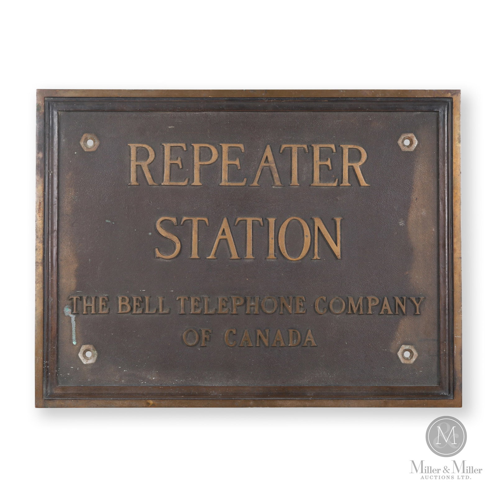 Bell Telephone Co. Canada Repeater Station Sign: Canadian. 1930s. Solid brass. Single-sided heavy brass with high relief text. A repeater station is an automated radio station that extends the range of communication between two or more bases or stat