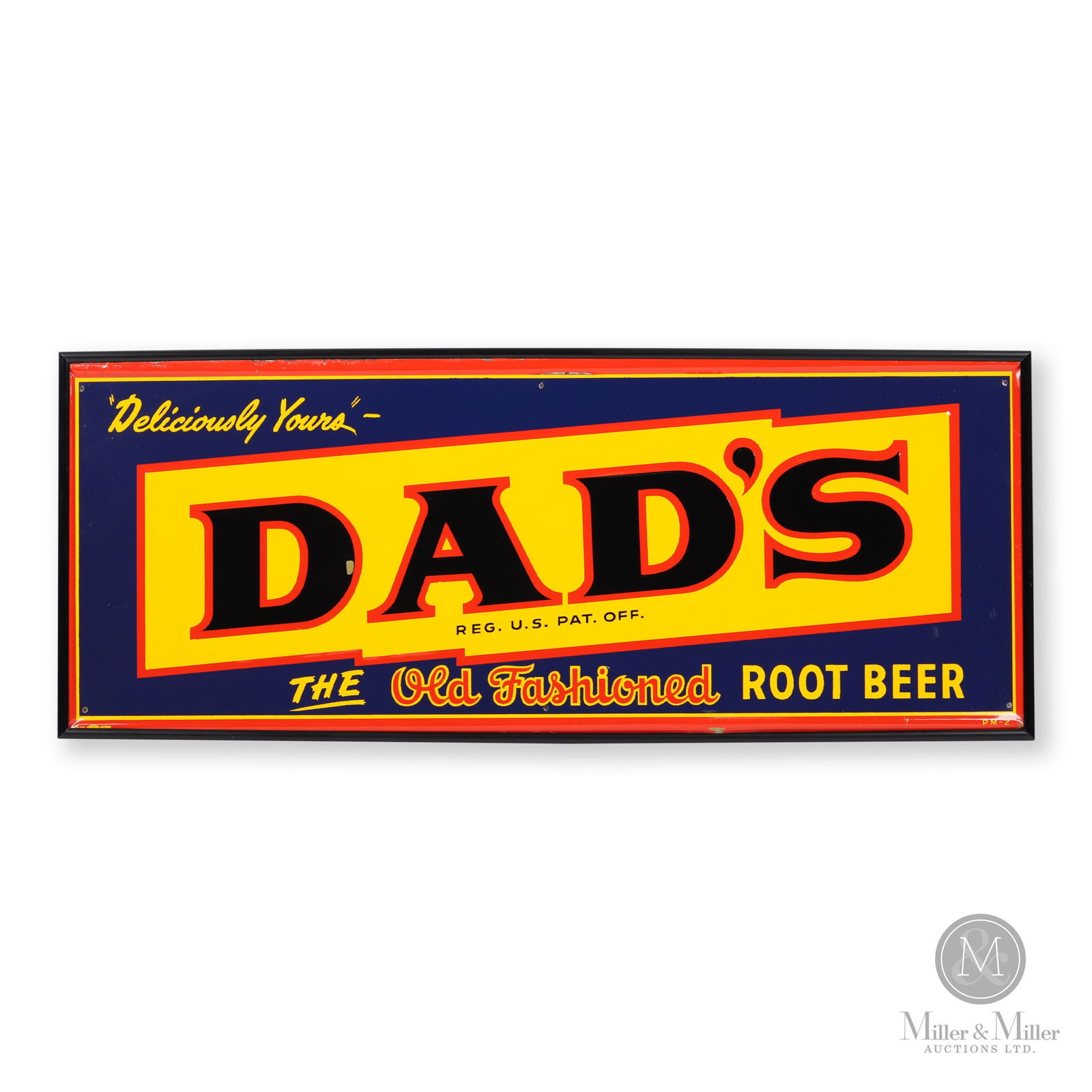 Dad's "Old Fashioned" Root Beer Sign: American. 1950s. Embossed single-sided tin (SST). Aftermarket frame. Marked, "Sign" bottom left and "PM-2", bottom right. 31" x 12.5" x ?". All items are guaranteed authentic by Miller & Miller Auctio
