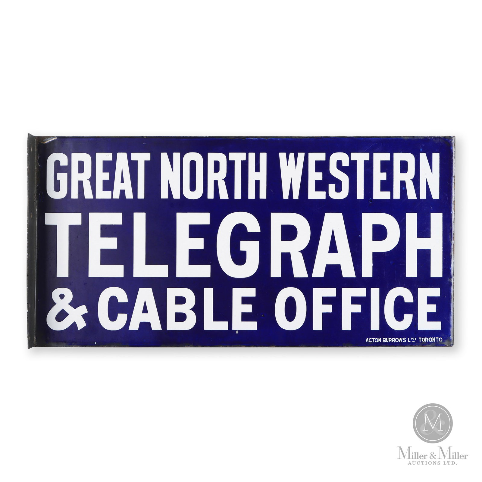 Great North Western Railroad Telegraph & Cable Office Flange Sign: Canadian. 1920s. Double-sided porcelain (DSP). Marked, "Acton Burrows Ltd. Toronto", lower left and right. 12" x 24" x 2.25". Authenticated by The Authentication Company. (TAC #400155). All items are 