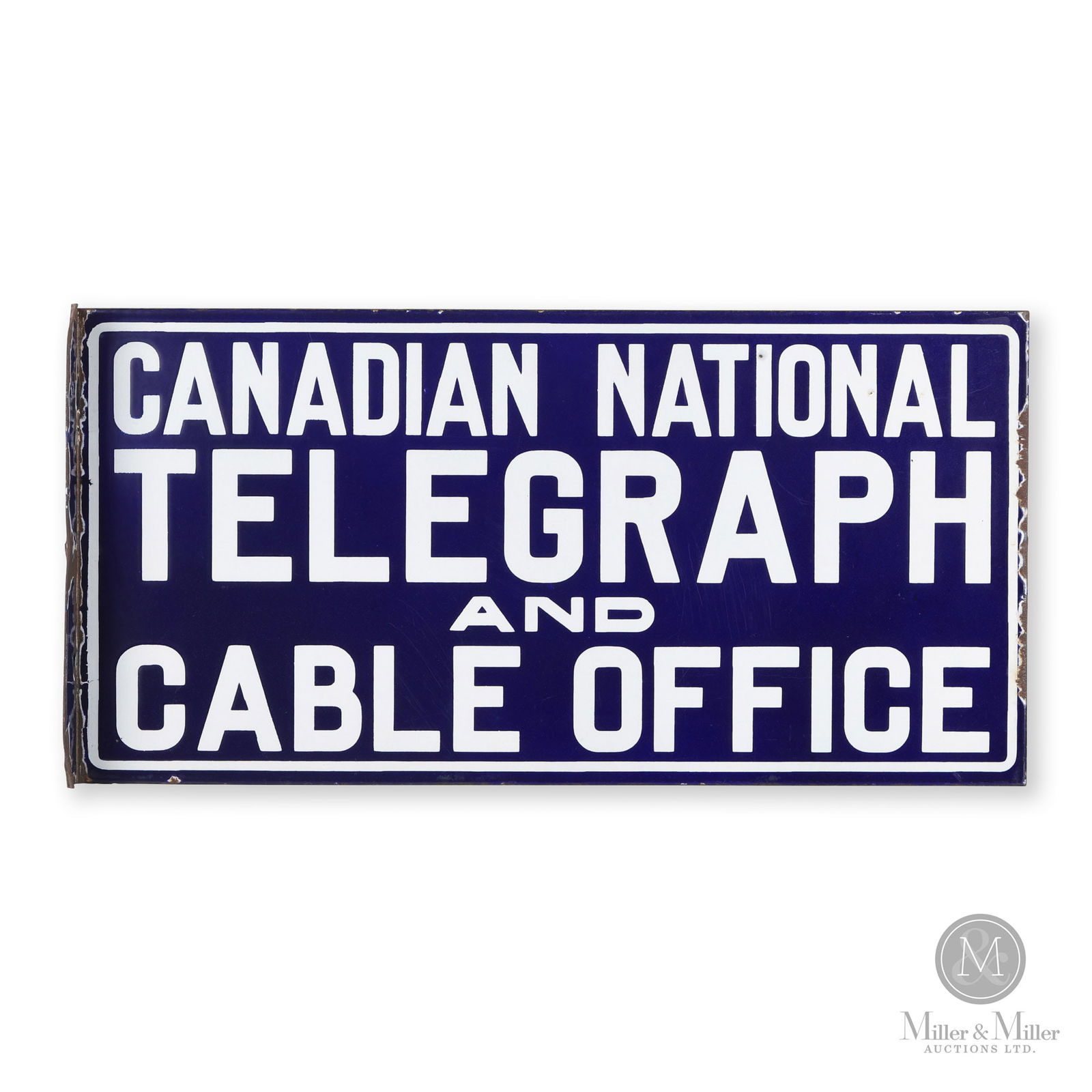 Canadian National Telegraph & Cable Office Flange Sign: Canadian. 1920s. Double-sided porcelain (DSP). 12" x 24" x 2.25". Authenticated by The Authentication Company. (TAC #400134). All items are guaranteed authentic by Miller & Miller Auctions. All purcha