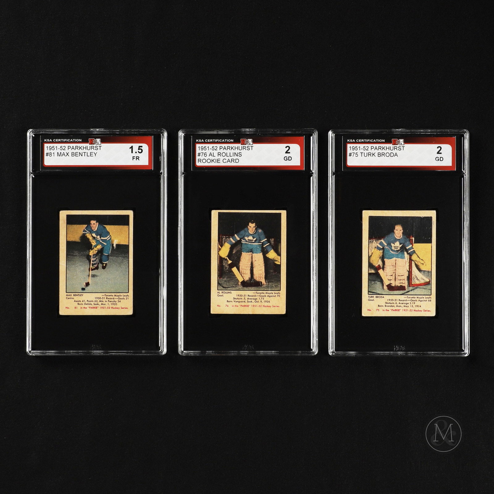 Three 1951-52 Parkhurst Maple Leafs Broda, Bentley, Rollins Hockey Cards (KSA Graded): The 1951-52 Parkhurst hockey set remains one of the most desirable groupings of cards in hockey collecting today. The grouping offered here includes Hall of Fame goaltender Turk Broda, a rookie exampl