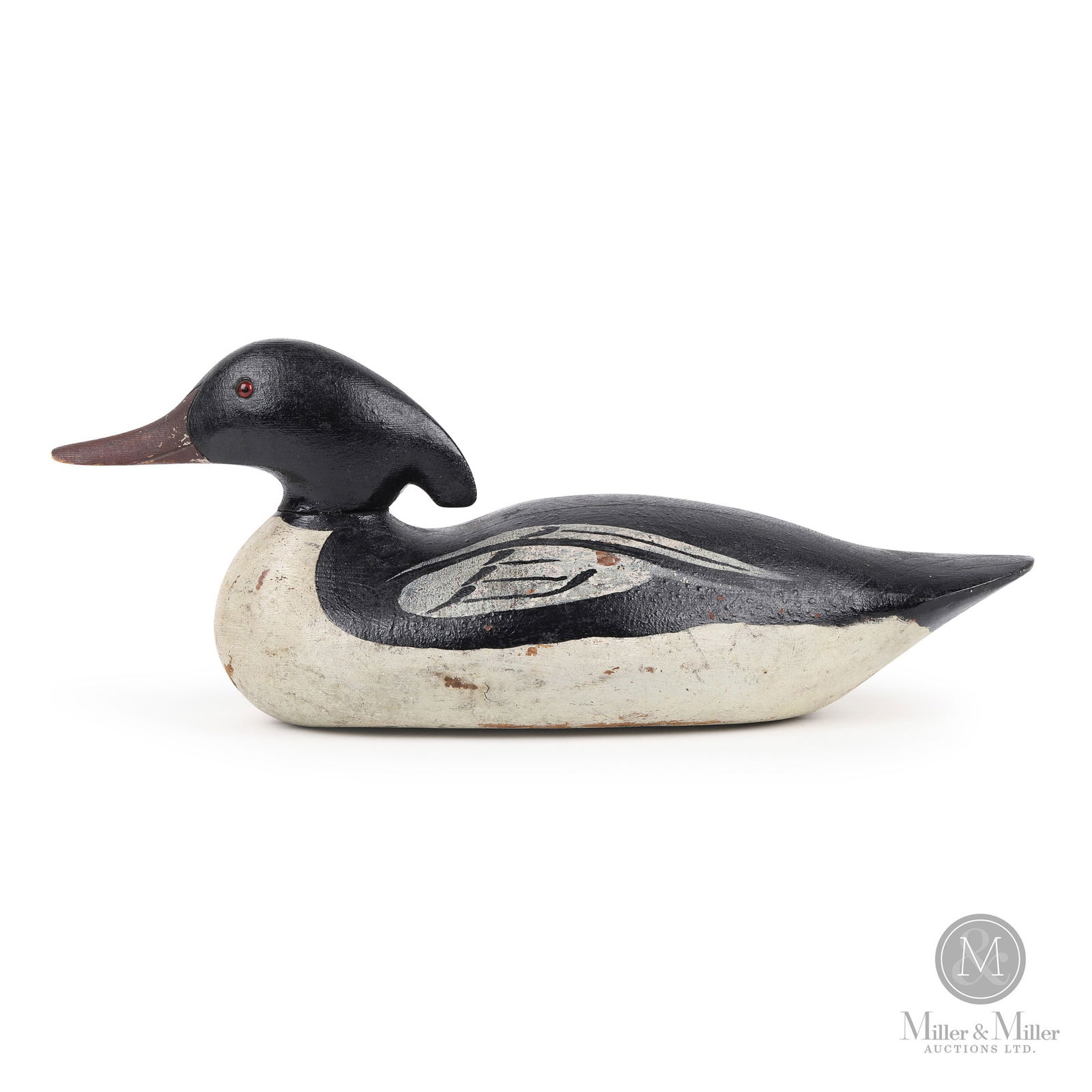 Mason Challenge Grade Merganser: A rare Mason Challenge grade Merganser decoy. 1st quarter 20th century. 6.5" x 17" x 5.5". From the Ray Smith collection.