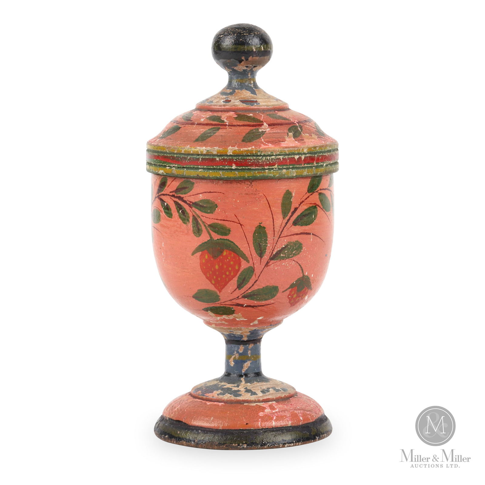 Lehnware Saffron Cup: A Lehnware treen saffron cup with lid and painted in multiple colours including a salmon ground with strawberries and green leaves. Joseph Lehn (1798-1892) created turned and painted woodenware in Lan