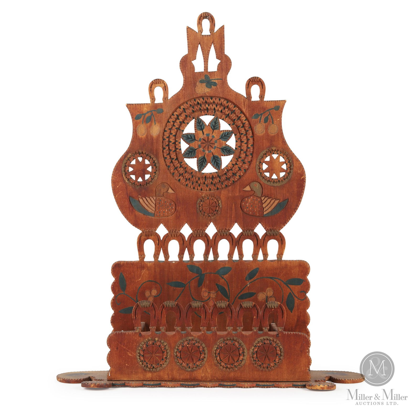 Fred Hoffman Chip Carved Wall Box: A large fretwork and chip carved wallbox by Fred Hoffman (1845-1926), an itinerant wood carver who made small utilitarian pieces around Waterloo County. Crafted in his traditional style with original