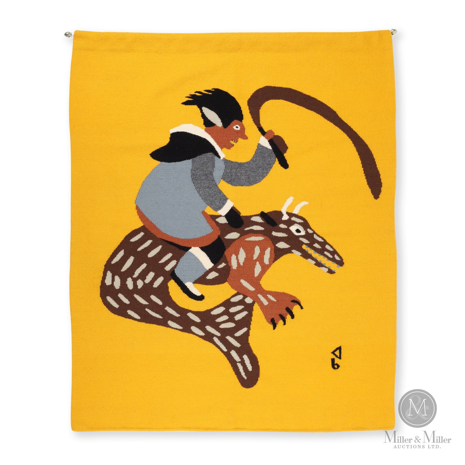 Riding A Whale Malaya Akulukjuk Native Hooked Rug: A colourful woven tapestry "Riding a Whale" based on an Inuit design by Malaya Akulukjuk (1915-1995) and woven by Inuit tapestry artist Nukinga Maniapik (1922-1991). Labelled on the back as one of ten