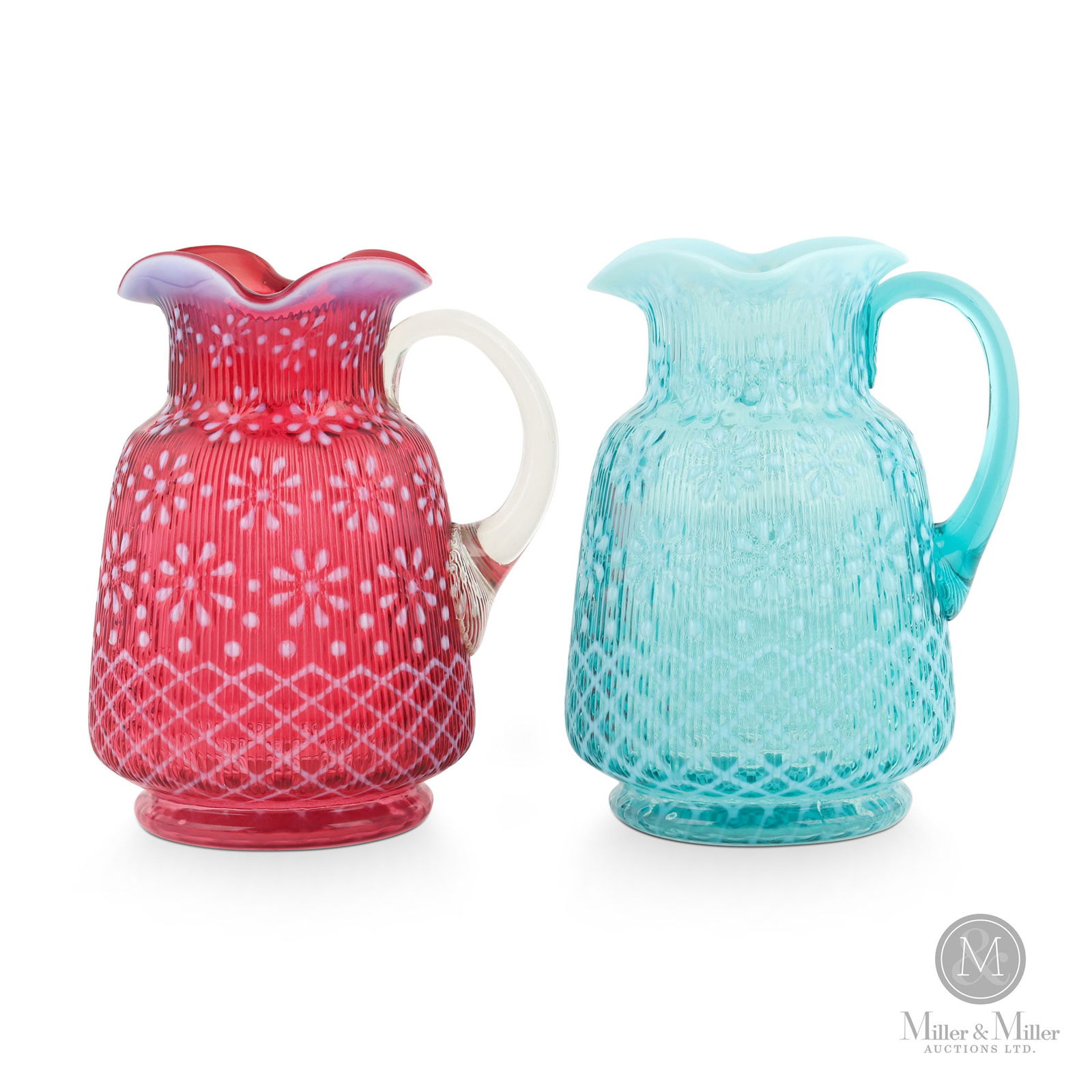 Northwood Cranberry & Blue Opalescent Ribbed Christmas Snowflake Pitchers (1 of 10)