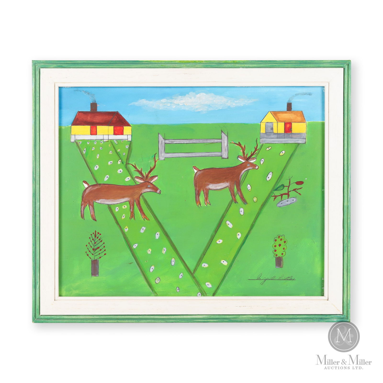 Cyril Hirtle Two Houses and Deer: Hirtle's Beach, Nova Scotia. C. 1995. Acrylic on masonite. Like many folk artists Cyril Hirtle (1918 - 2003) painted vibrant scenes of fishing and farming in Nova Scotia. His works are rare. This exam