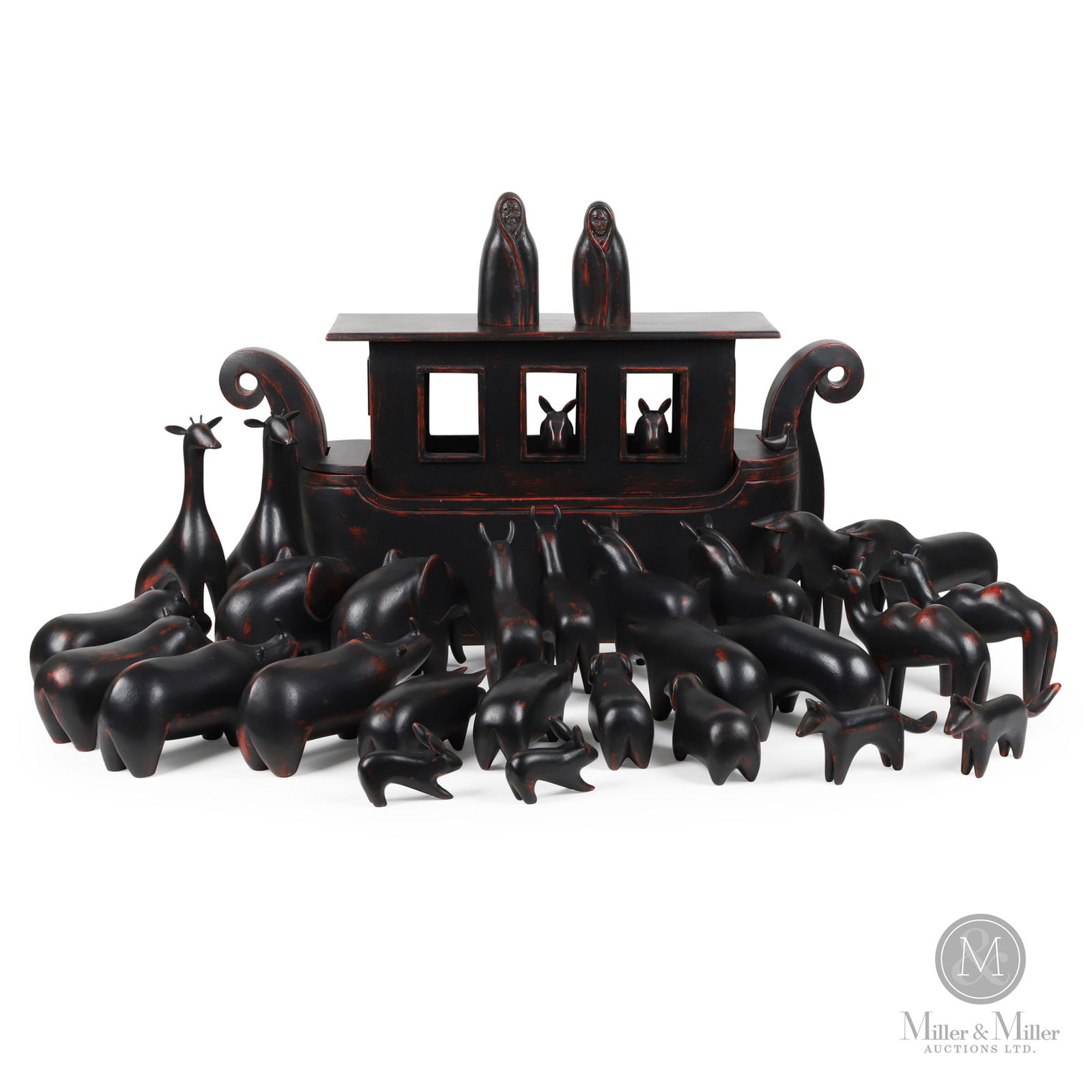 Robert Wylie Monumental Noah's Ark: Thomasburg, Ontario. Mid 1980s. Painted wood. This wood carving of Noah's Ark by Robert Wylie has to considered a masterpiece. It totals 35 pieces: 15 sets of animals including Horse, Giraffe, Fox, Ra