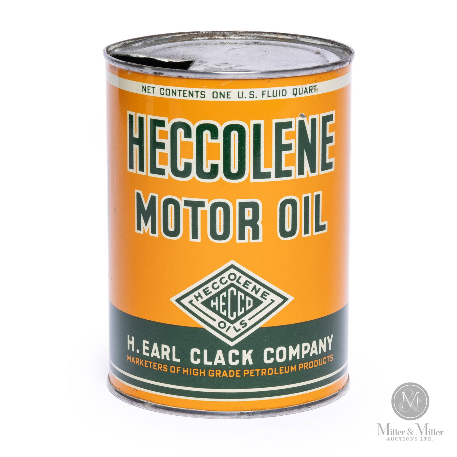 H. Earl Clark Heccolene Motor Oil 1 US Quart Can: American. 1940s. Lithographed tin. 5.5" x 4" x 4". Authenticated by The Authentication Company (TAC #500129). All items are guaranteed authentic by Miller & Miller Auctions. All purchases are eligible