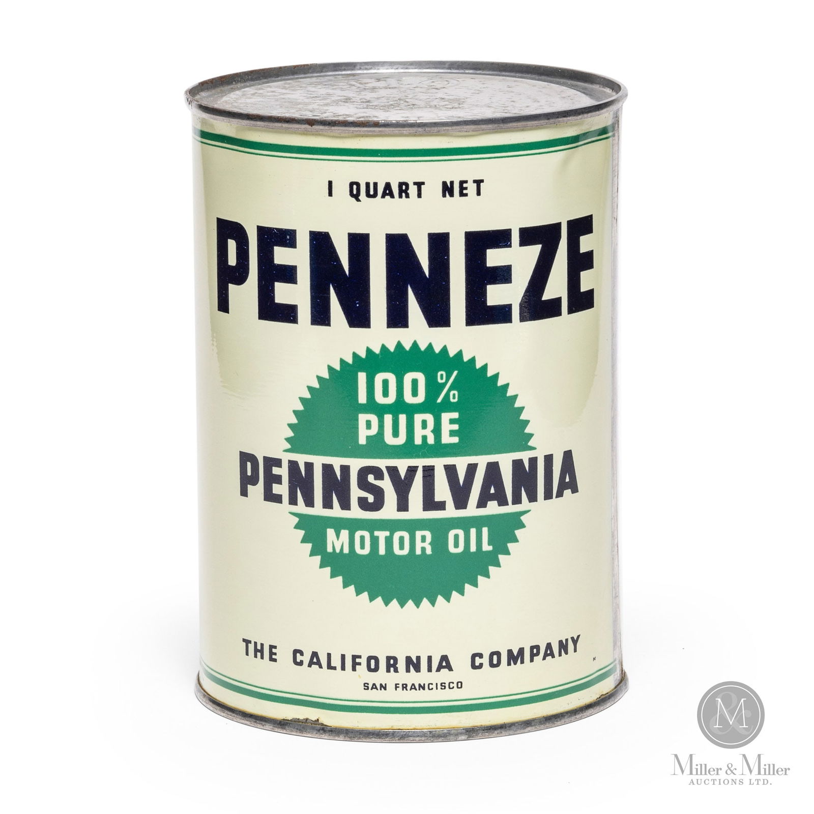 Penneze Pennsylvania Motor Oil 1 US Quart Can: American. 1940s. Lithographed tin. 5.5" x 4" x 4". Authenticated by The Authentication Company (TAC #500113). All items are guaranteed authentic by Miller & Miller Auctions. All purchases are eligible