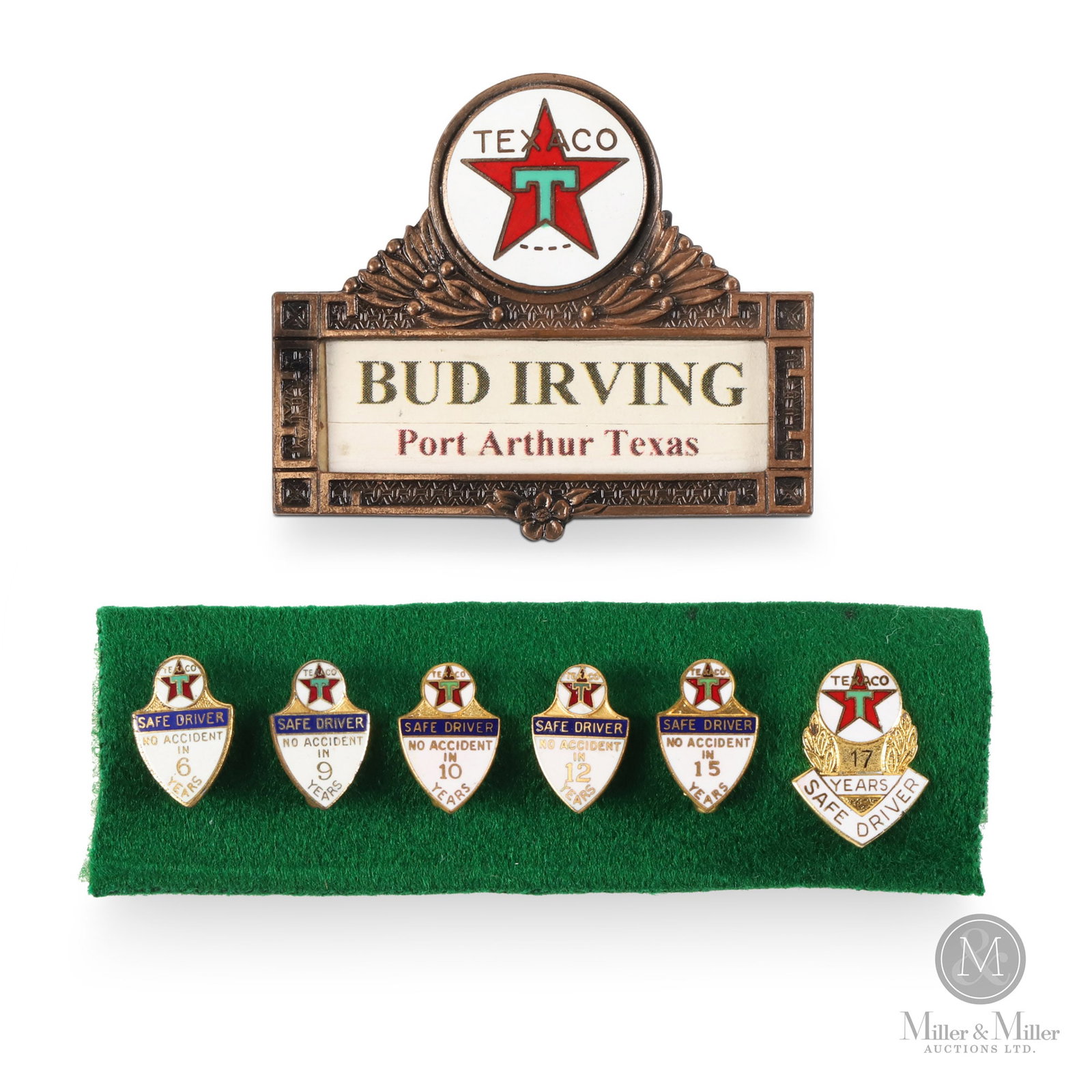 Texaco Service Attendant's Badge & Safe Driving Awards: American. 1930s-40s. Enamelled metal. Includes attendant's badge and 6,9,10,12,15 and 17 year safe driver awards. Each maker stamped on reverse. Largest: 0.75" x 0.5". All items are guaranteed authent