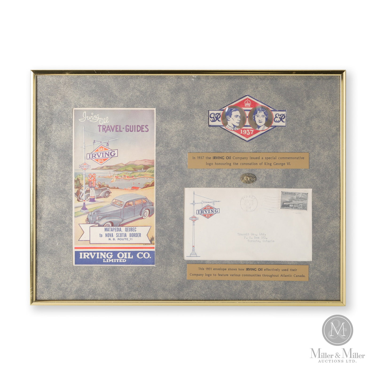 Irving Oil Commemorative Display: Canadian. 1930s-50s. Lithographed paper, metal pin. Includes irving travel guide, Commemorable 1937 logo, 1951 envelope and irving oil 5 year pin. 11.75" x 15.75" x 0.75". All items are guaranteed aut
