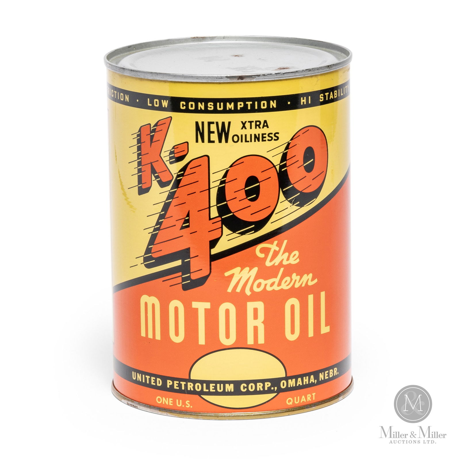 K-400 Motor Oil 1 US Quart Can: American. 1950s. Lithographed tin. 5.5" x 4" x 4". Authenticated by The Authentication Company (TAC #500115). All items are guaranteed authentic by Miller & Miller Auctions. All purchases are eligible