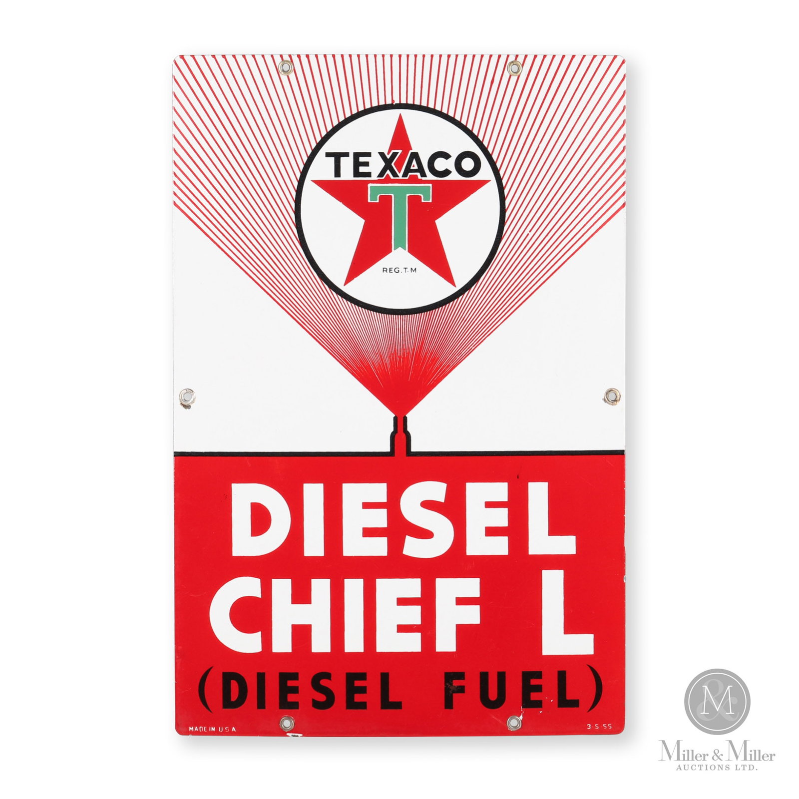 Texaco Diesel Chief L Pump Sign: American. 1955. Single-sided porcelain (SSP). Marked "Made in U.S.A" and "3-5-55" lower left and right edge. 18" x 12". All items are guaranteed authentic by Miller & Miller Auctions. All purchases ar