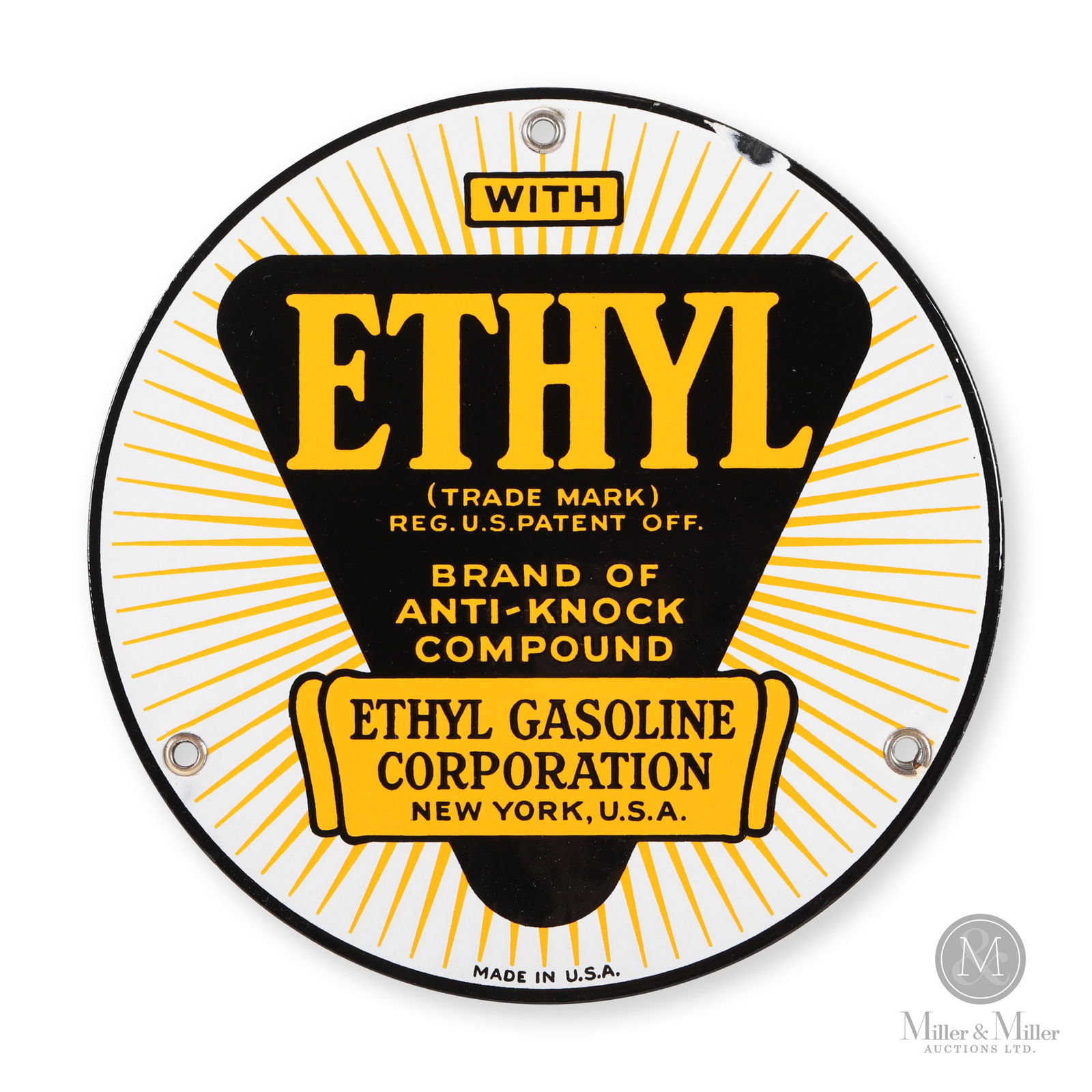 Ethyl Gasoline Anti-Knock Compound Pump Sign: American. 1930s. Single-sided porcelain (SSP). Marked "Made in U.S.A" lower center edge. 8" diameter. Authenticated by The Authentication Company (TAC #400495). All items are guaranteed authentic by M