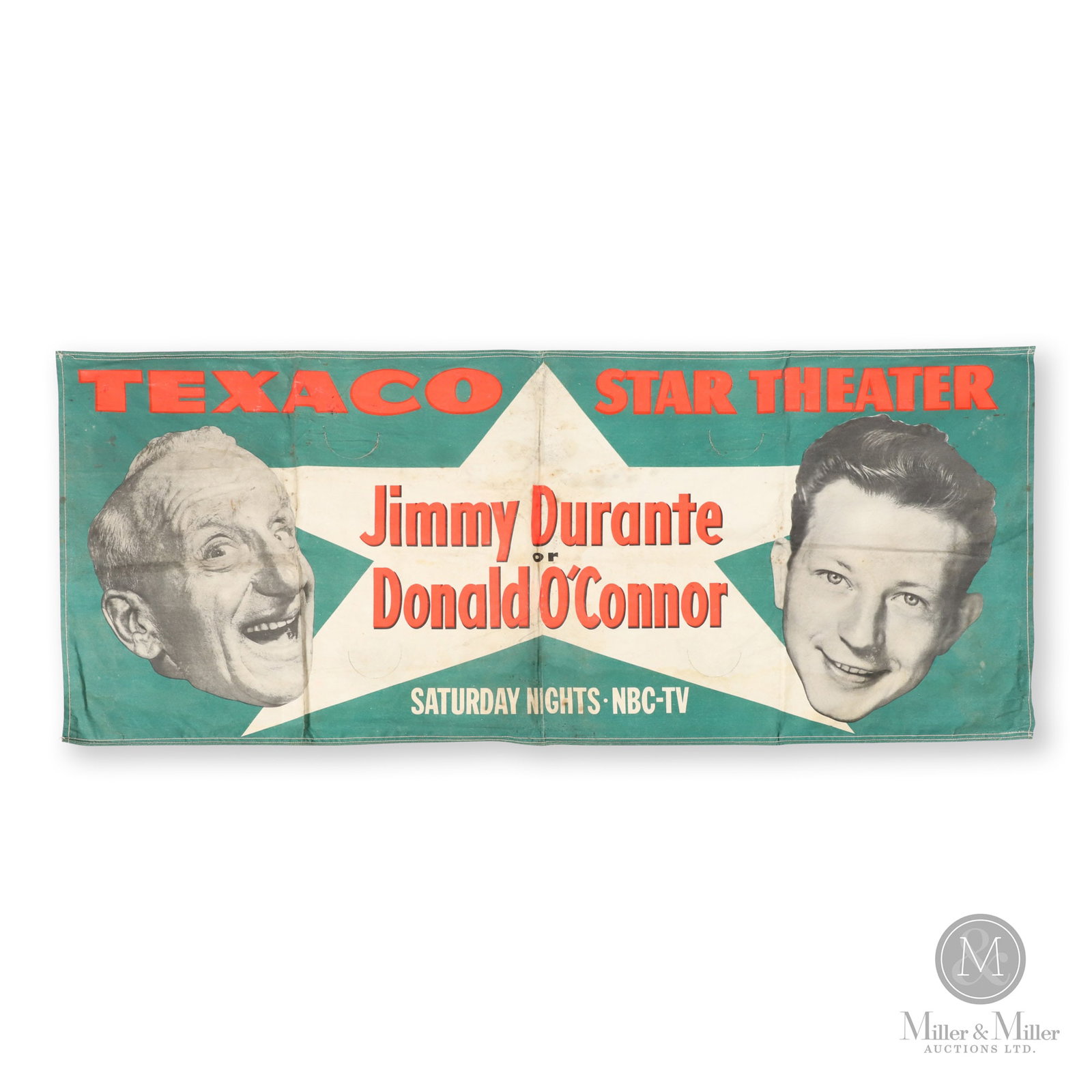 Texaco NBC Television Banner: American. 1950s. Single-sided screened canvas. Features Jimmy Durante and Donald O'Connor. 33" x 83". All items are guaranteed authentic by Miller & Miller Auctions. All purchases are eligible for del