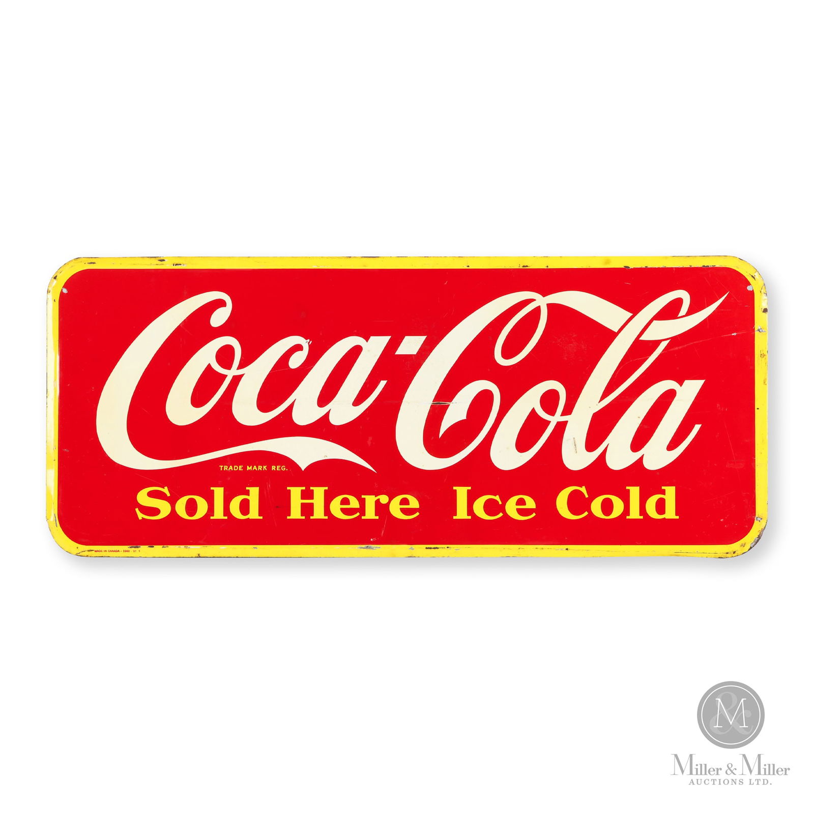 Coca-Cola 1948 Door Kick Sign: Canadian. 1948. Single-sided tin (SST). Marked, "Made in Canada - 1948 -ST. T" (St. Thomas Metal Signs), lower left. 12.25" x 29.25". Authenticated by The Authentication Company (TAC #400437). All ite