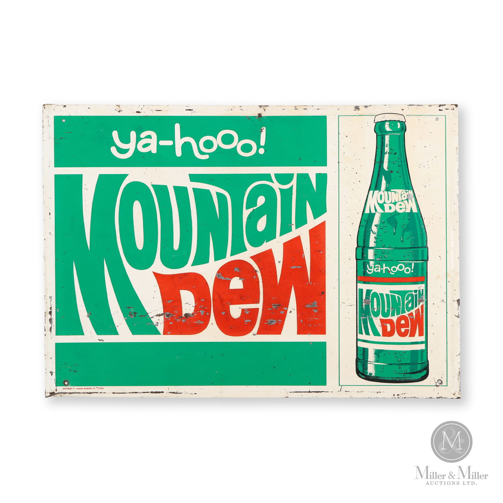 Mountain Dew 1970 "Ya-hooo!" Sign: Canadian. 1970. Single-sided embossed tin (SST). Marked, "301MD-1 Canada-Barker-70 #2256" lower left edge. 19.25" x 27.25". Authenticated by The Authentication Company (TAC #500156). All items are gua