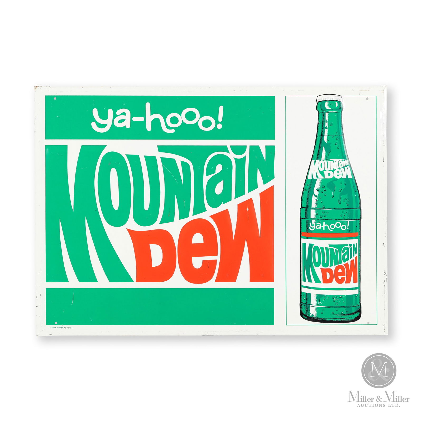 Mountain Dew 1970 "Ya-Hooo!" Sign: Canadian. 1970. Embossed single-sided tin (SST). Marked, "Canada-Barker-70 #2256", bottom left. 27.25" x 19.25". Authenticated by The Authentication Company (TAC #400684). All items are guaranteed aut
