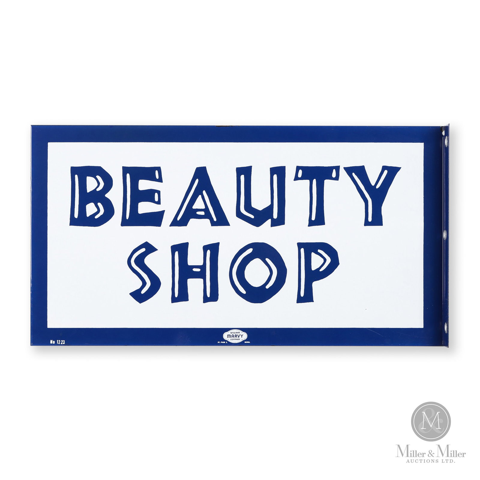 Beauty Shop Flange Sign: American. 1950s. Double-sided porcelain flange (DSPF). Marked, "No. 1223 William Marvy Company St. Paul 2., Minn" lower edge. 12" x 22.5" x 1.25". Authenticated by The Authentication Company (TAC #400