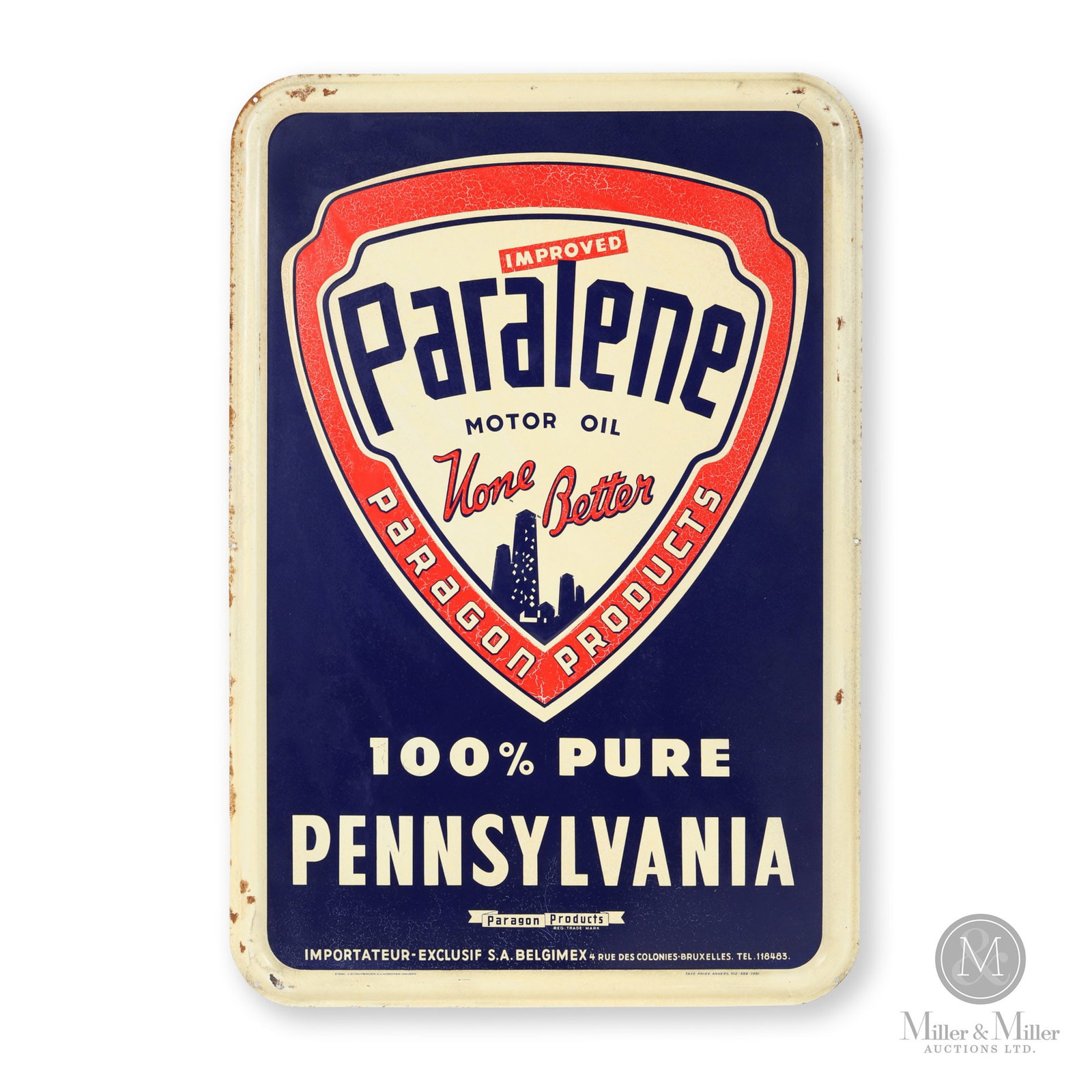 Paralene Pennsylvania Motor Oil Sign: Belgian. 1951. Single-sided embossed tin (SST). Marked, "Taxe Payée Anvers 512-597-1951" and "J. Schuybroek, S.A Hoboken-Anvers", lower left and right edge. 29" x 20". Authenticated by The Authentica