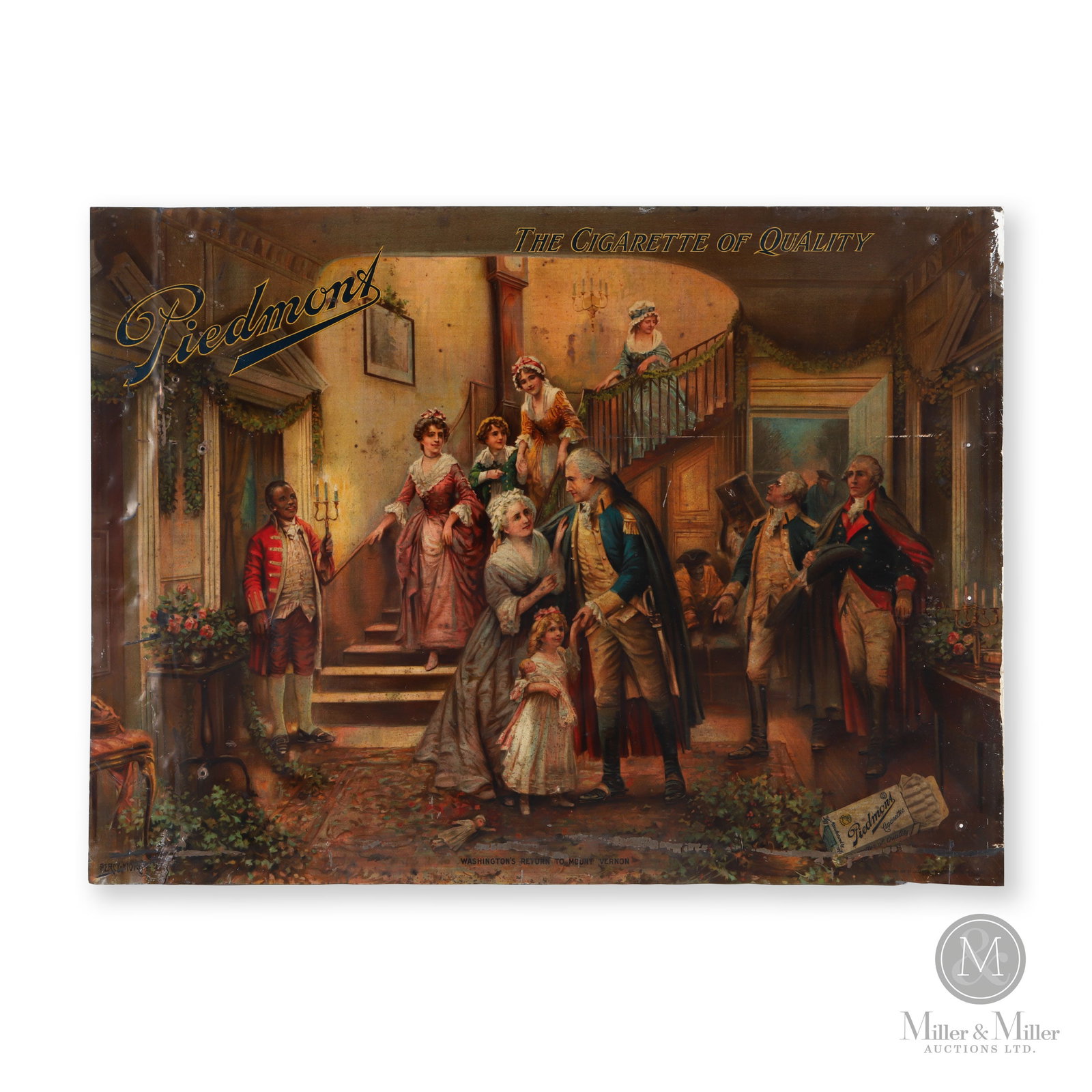 Piedmont Cigarettes "Washington's Return to Mount Vernon" Sign: American. 1916. Single sided tin (SST) Image titled, "Washington's Return to Mount Vernon" bottom center edge. Dated 1916. All items are guaranteed authentic by Miller & Miller Auctions. All purchases