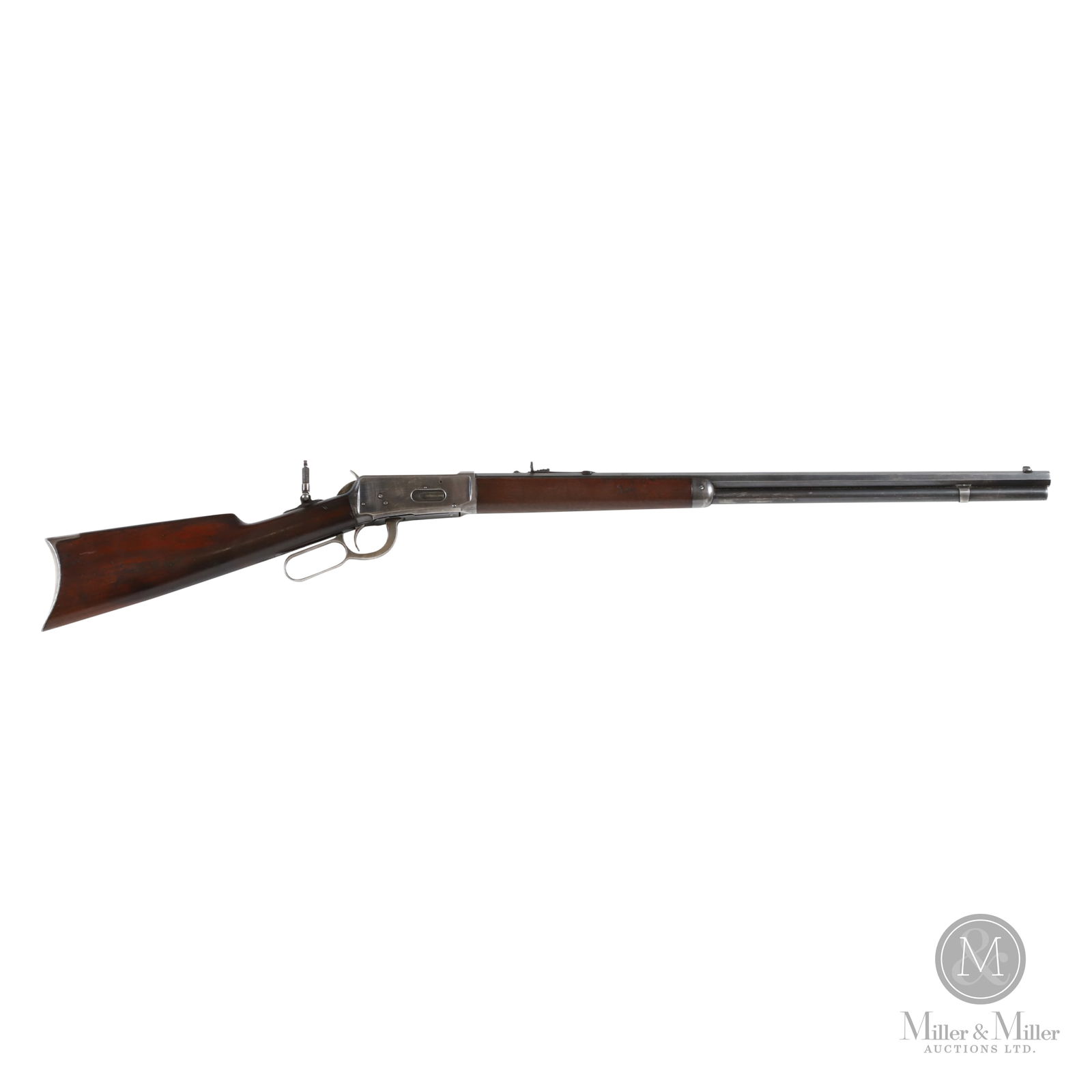 Winchester Model 1894 Lever Action Rifle: American. C. 1898. Non-Restricted. Valid PAL required to purchase if in Canada. Winchester Model 1894 Lever Action Rifle. .38-55 calibre, 26” hexagonal barrel. Blued finish. Full-length magazine