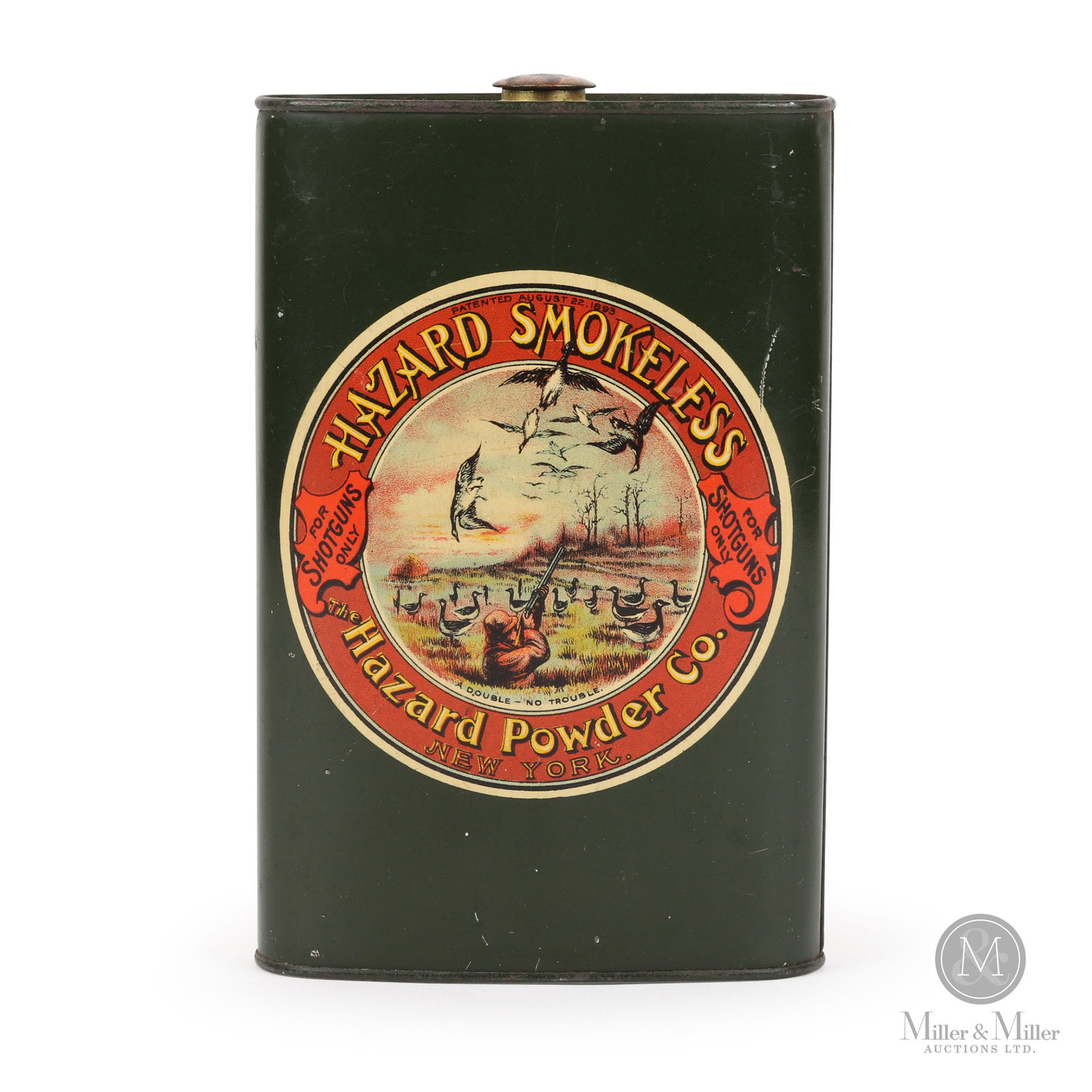 Antique Colourful Hazard Powder Co. New York Early Smokeless Powder Tin: American. 1890's. Front round vignette illustrates a waterfowl hunter in a field pit blind surrounded by goose decoys as he shoots at flight birds above. Vignette titled "A Double - No Trouble" with A