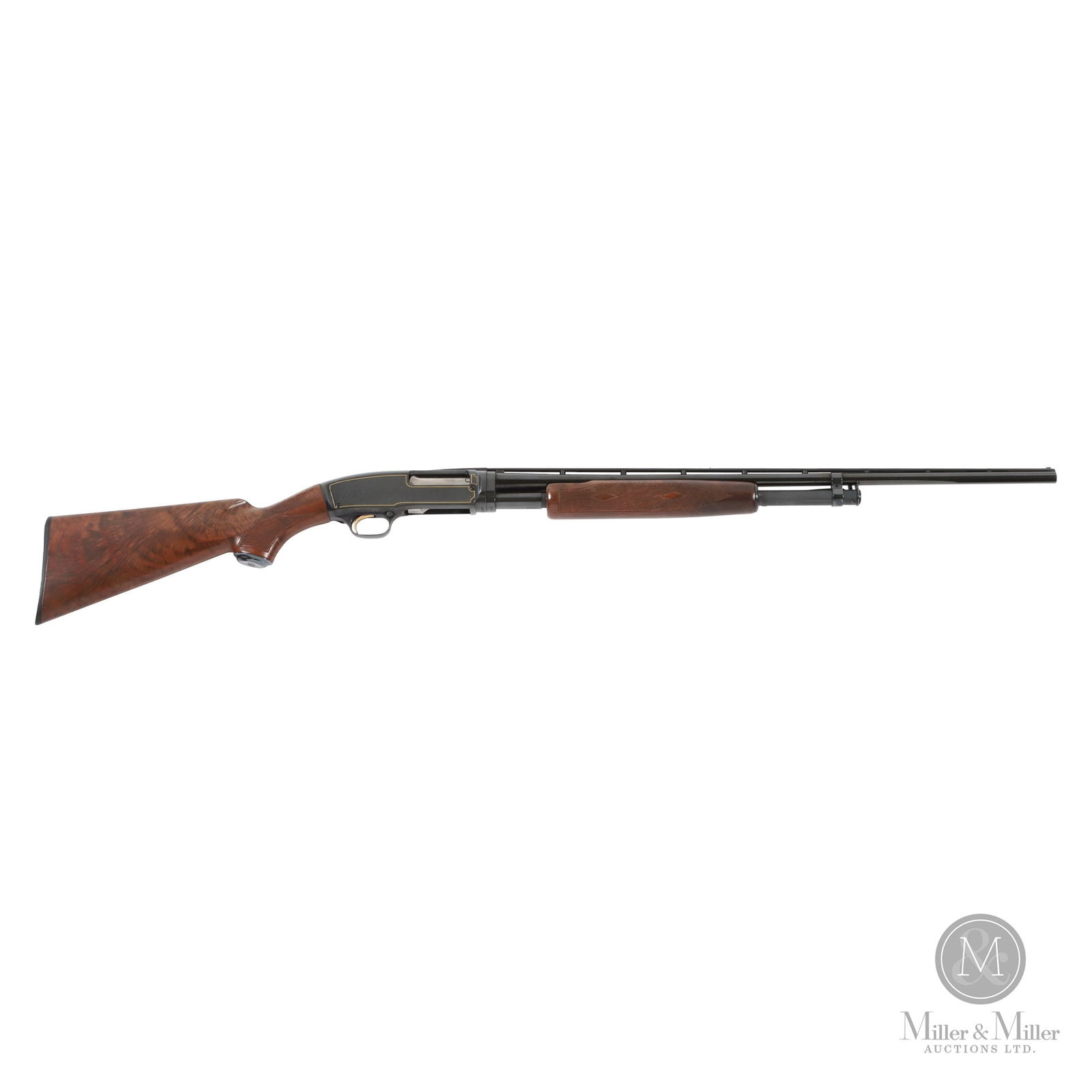 Winchester Re-Introduced Limited Edition High Grade Factory Engraved Model 42 Shotgun with Box: American. C. 1993. Non-Restricted. Valid PAL required to purchase if in Canada. Serial No. WTF379 with 26 inch barrel, ful choked and chambered for .410 gauge, 3 inch shells. Matted top, round post ve